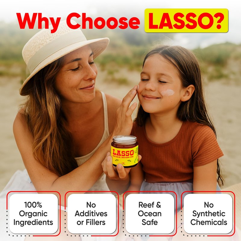 LASSO Tallow Sun Balm – Natural Moisturizing Balm with Non-Nano Zinc, Beeswax & Vitamin E – 4oz Glass Jar – Grass-Fed - finished Tallow – Reef-Safe, Sensitive Skin-Friendly