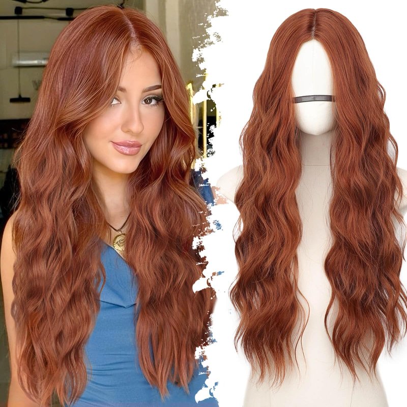 Eawwii Ginger Long Wavy Wig for Women, Pre-Cut HD Lace Natural Hairline, Glueless Middle Part, Synthetic Fiber for Daily and Party Use 26Inch