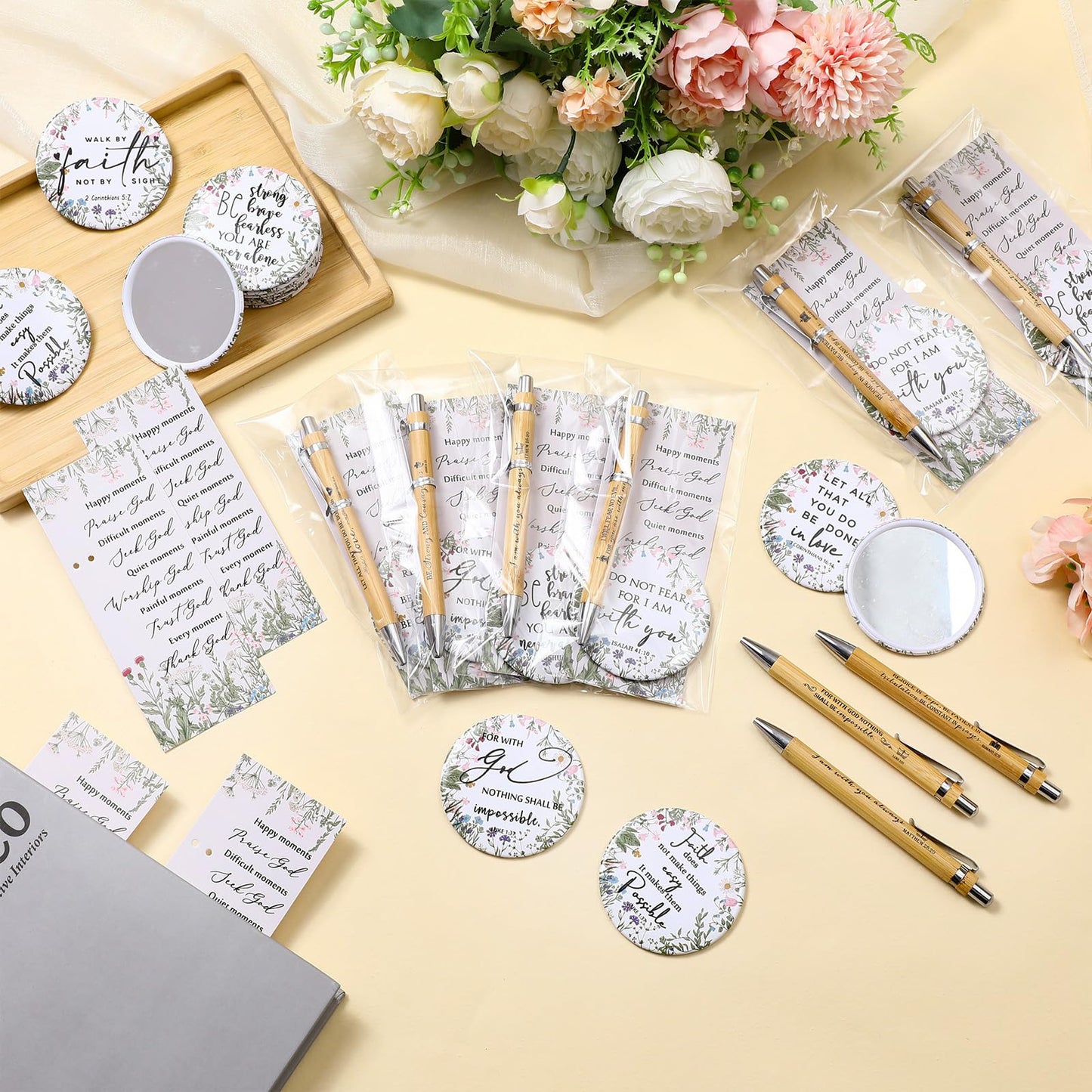 Dinifee 30 Sets Christian Gifts Bulk for Women Bible Verse Pen Flower Mini Compact Mirrors Floral Makeup Mirrors Inspirational Religious Gifts for Church Womens Ladies Sunday School
