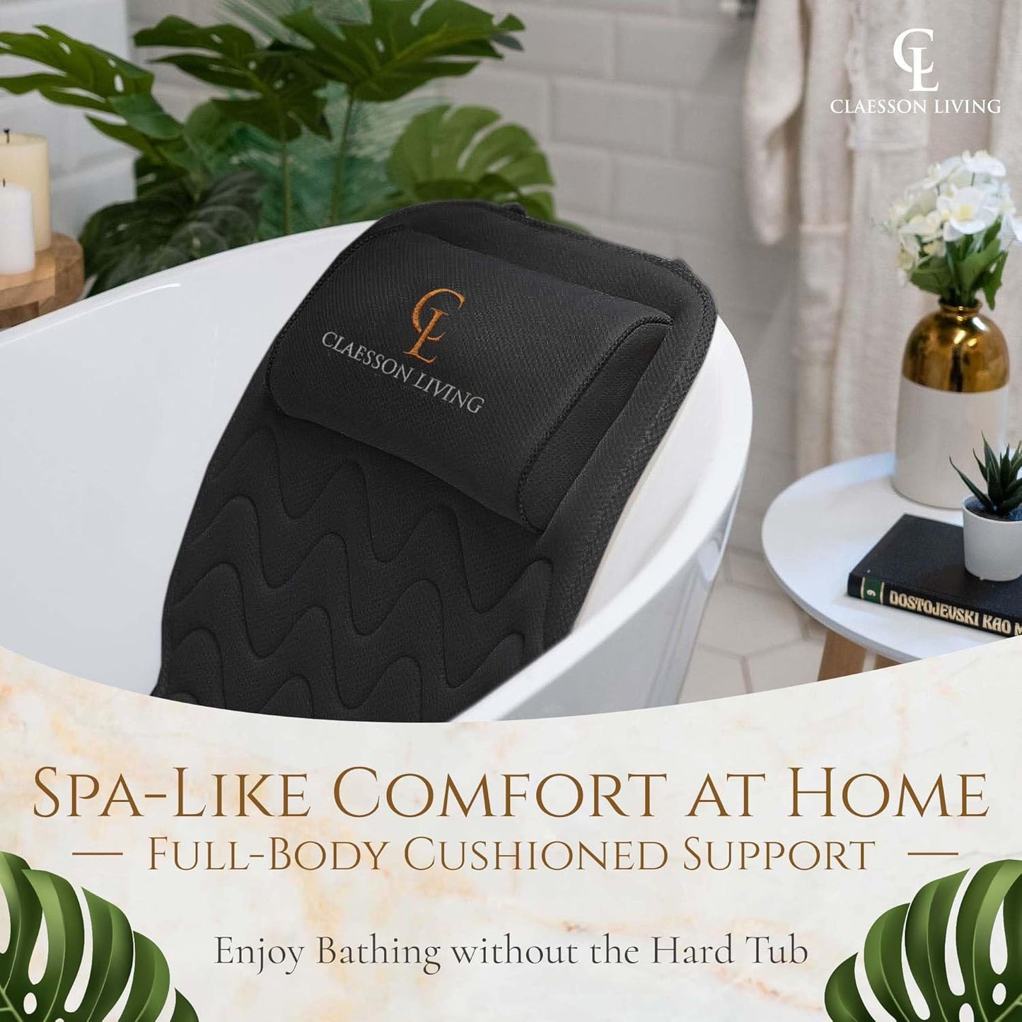 Full Body Bath Pillow - 17'' x 49'' Bathtub Cushion with Headrest for Neck, Back & Legs | Includes Hanging Hooks & Travel Bag - Black