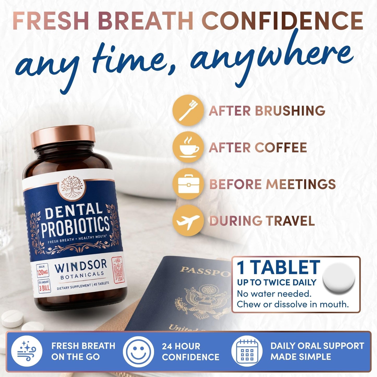 Oral Probiotics for Teeth and Gums - 3BN CFU Lactobacillus Salivarius Acidophilus Rhamnosus Streptococcus - Bad Breath Treatment for Adults - 45 Chewable Mint Dental Probiotic Tablets for Women & Men