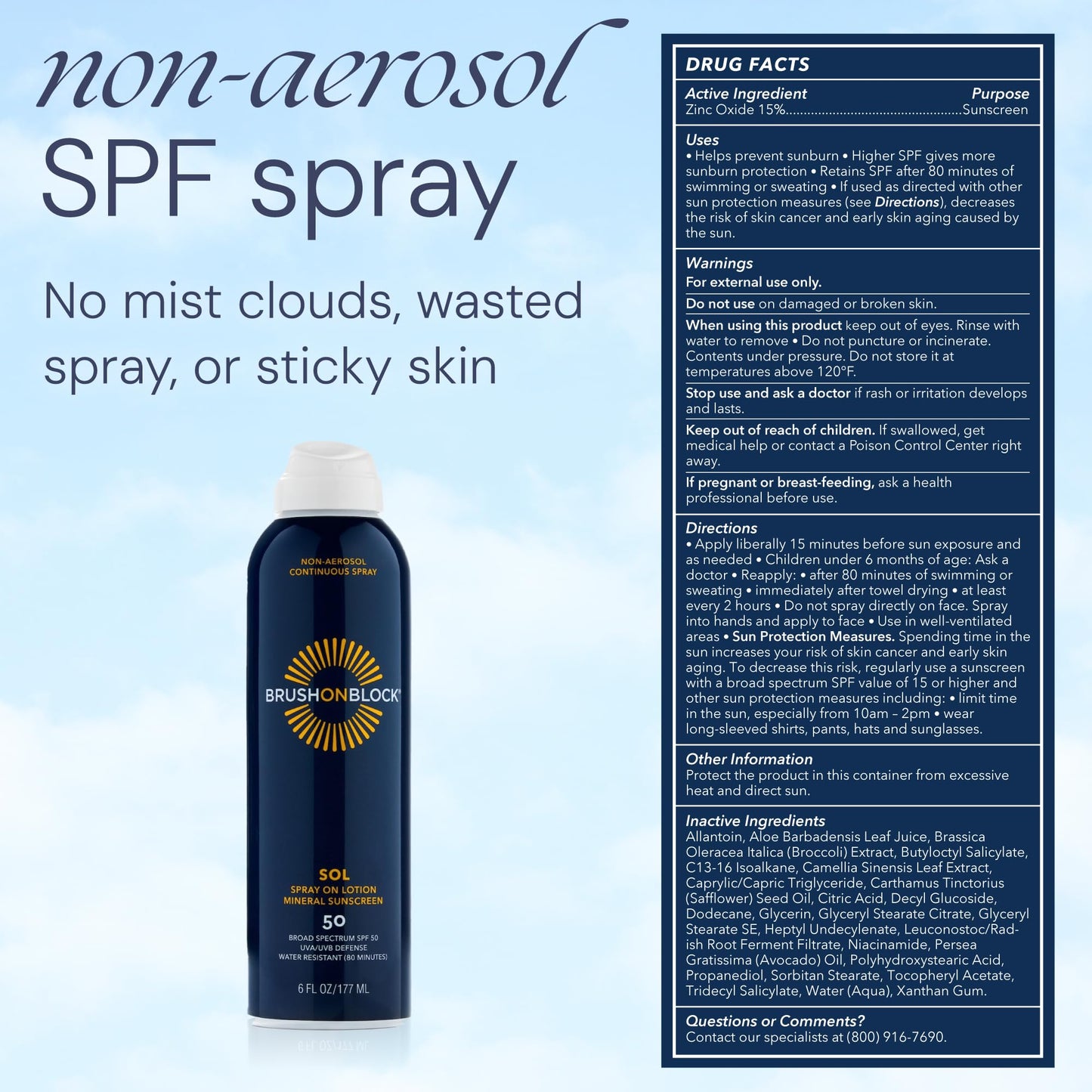 Brush On Block SOL SPF 50 Mineral Spray on Lotion, Non Aerosol Continuous Spray Sunscreen, Water Resistant, Reef Friendly, 6 oz