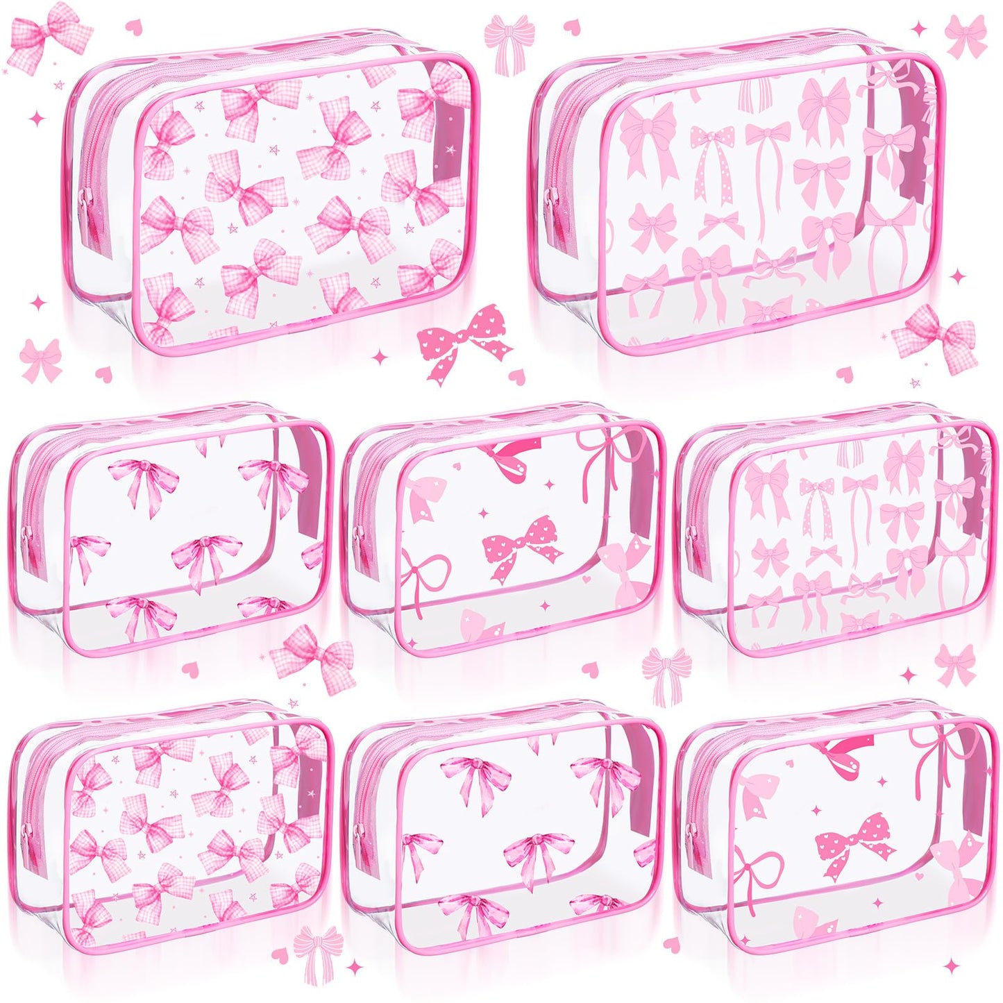 Kacctyen 8 Pcs Pink Bow Makeup Bag Coquette Party Favors Clear Preppy PVC Cosmetic Bags Aesthetic Waterproof Travel Toiletry Zipper Pouch for Women Girls Wedding Bachelorette Gifts