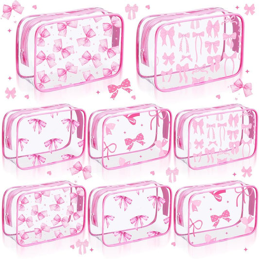 Kacctyen 8 Pcs Pink Bow Makeup Bag Coquette Party Favors Clear Preppy PVC Cosmetic Bags Aesthetic Waterproof Travel Toiletry Zipper Pouch for Women Girls Wedding Bachelorette Gifts