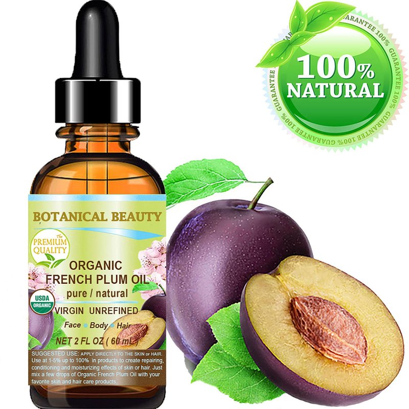 Botanical Beauty Organic French PLUM OIL 100% Pure Natural VIRGIN UNREFINED Cold-Pressed Carrier Oil for Face, Skin, Body, Hair, Lip, Nails. Rich in Vitamin E, Omega 6, Omega 9 (2 Fl Oz)