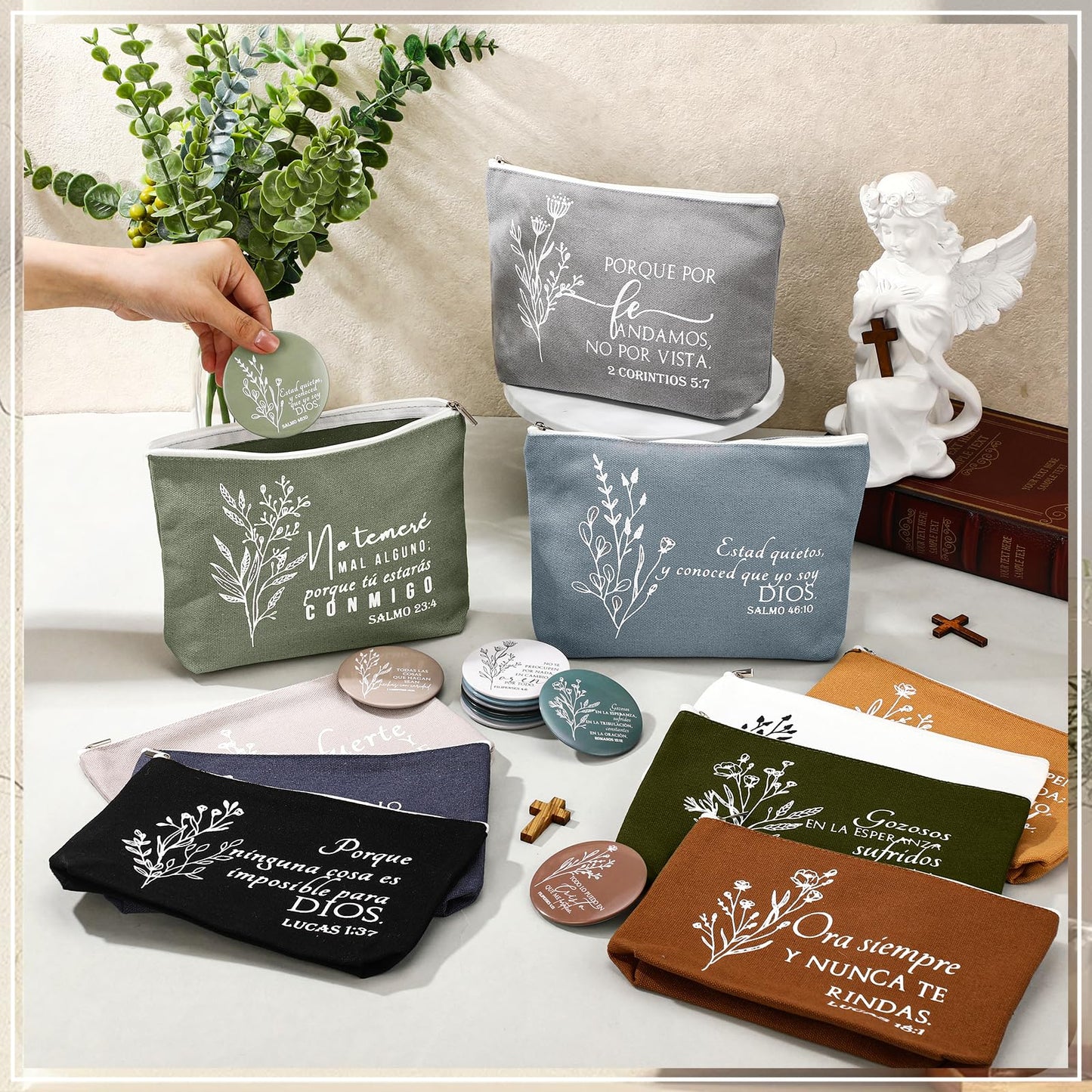 Kacctyen 20 Sets Spanish Christian Gifts for Women Bulk Bible Verse Makeup Bags Compact Mirror Regalos Cristianos Para Mujer En Español Canvas for Church Articulos Religiosos Catolicos (Boho Color)