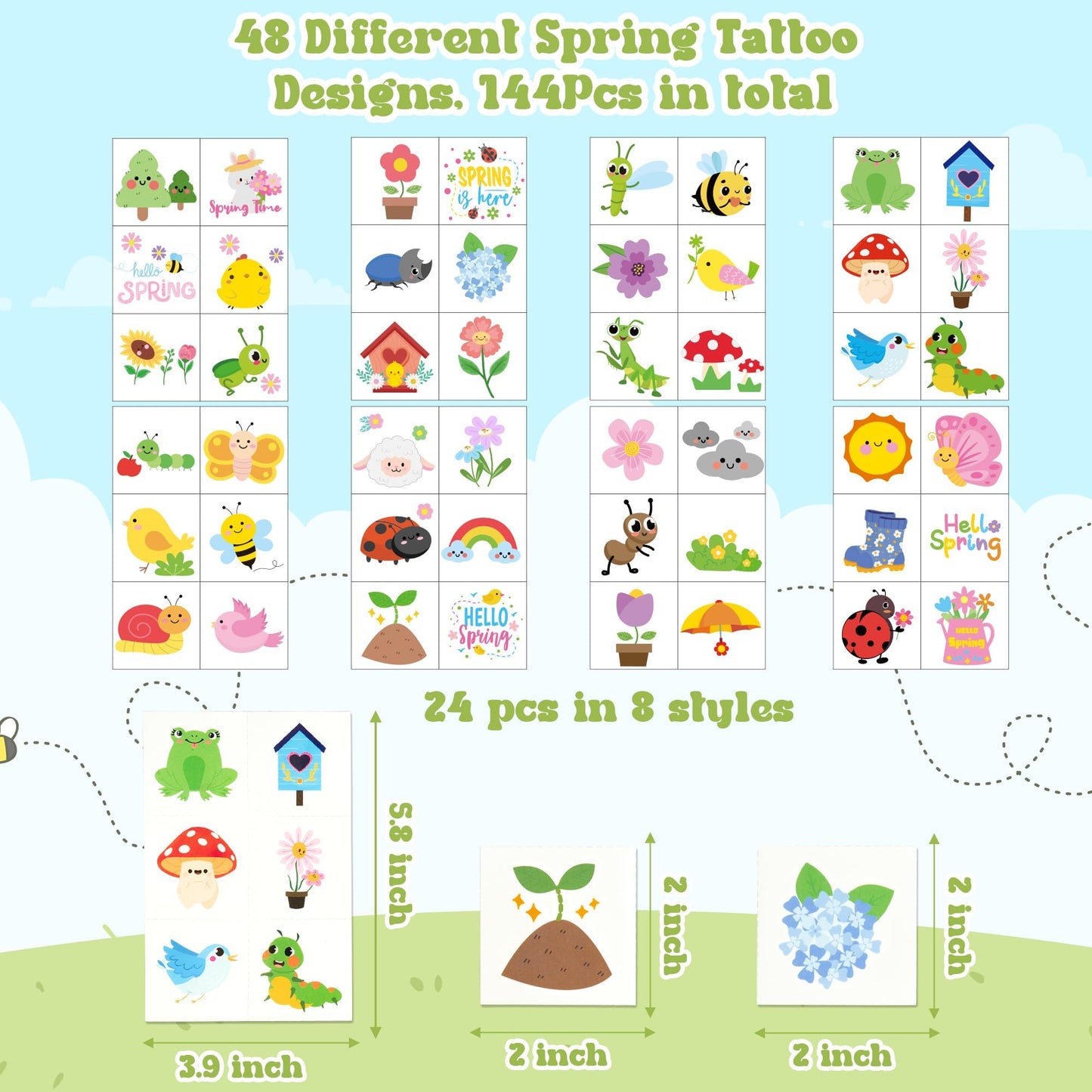 ANGOLIO Spring Theme Temporary Tattoos Stickers - 144Pcs Spring Animals Themed Tattoos Stickers, Cute Cartoon Bee Ladybug Butterfly Pattern Decals for Kids Party Goodie Bag Stuffers Classroom Rewards