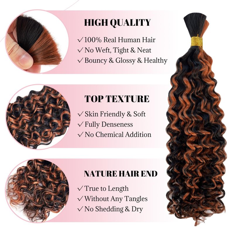 1B/30 Braiding Human Hair Ombre Water Wave 2 Bundles Highlight Curly Bulk Boho Braids Human Hair Extensions 100g 18 Inch Balayage Human Braiding Hair Knotless