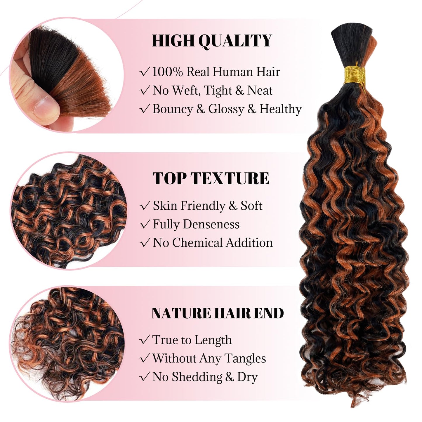 27P613 Human Braiding Hair Water Wave Ombre for Boho Braids Strawberry Blonde to Bleach Blonde 2 Bundles100g Bulk Human Hair Extensions 10A Brazilian Highlight Curly No Weft Micro14Inch