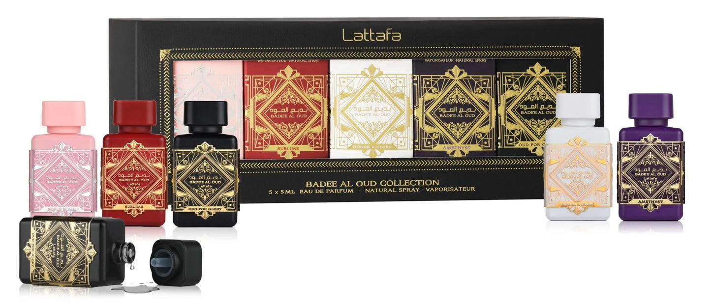 Lattafa Bade'e Al Oud Collection – 5 × 5 ml Eau de Parfum Gift Set for Unisex (Honor & Glory + Sublime + Amethyst + Oud for Glory + Noble Blush)