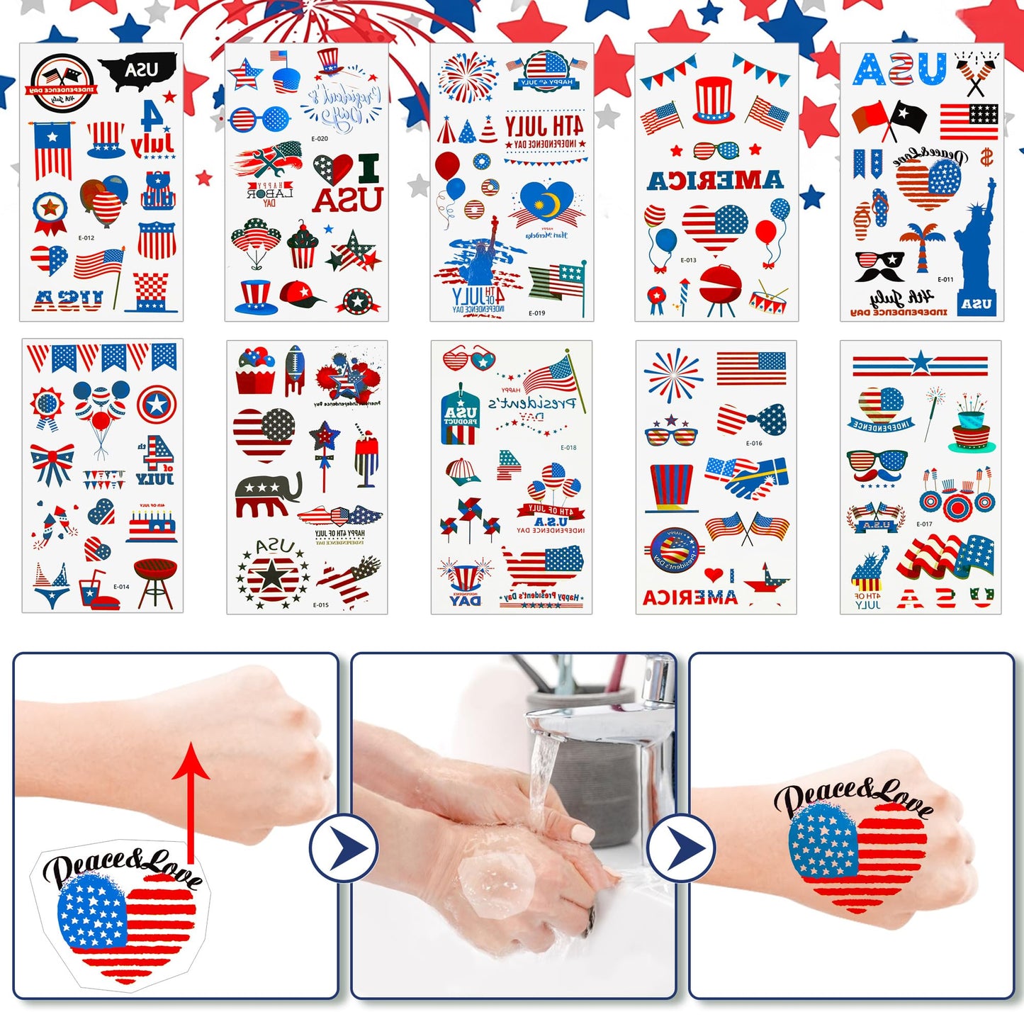4th of July Tattoos,100PCS 4th of July Temporary Tattoos,Fourth of July Accessories,Red White and Blue Party Supplies Independence Day 2.7x 4.8 inches 10 Sheets