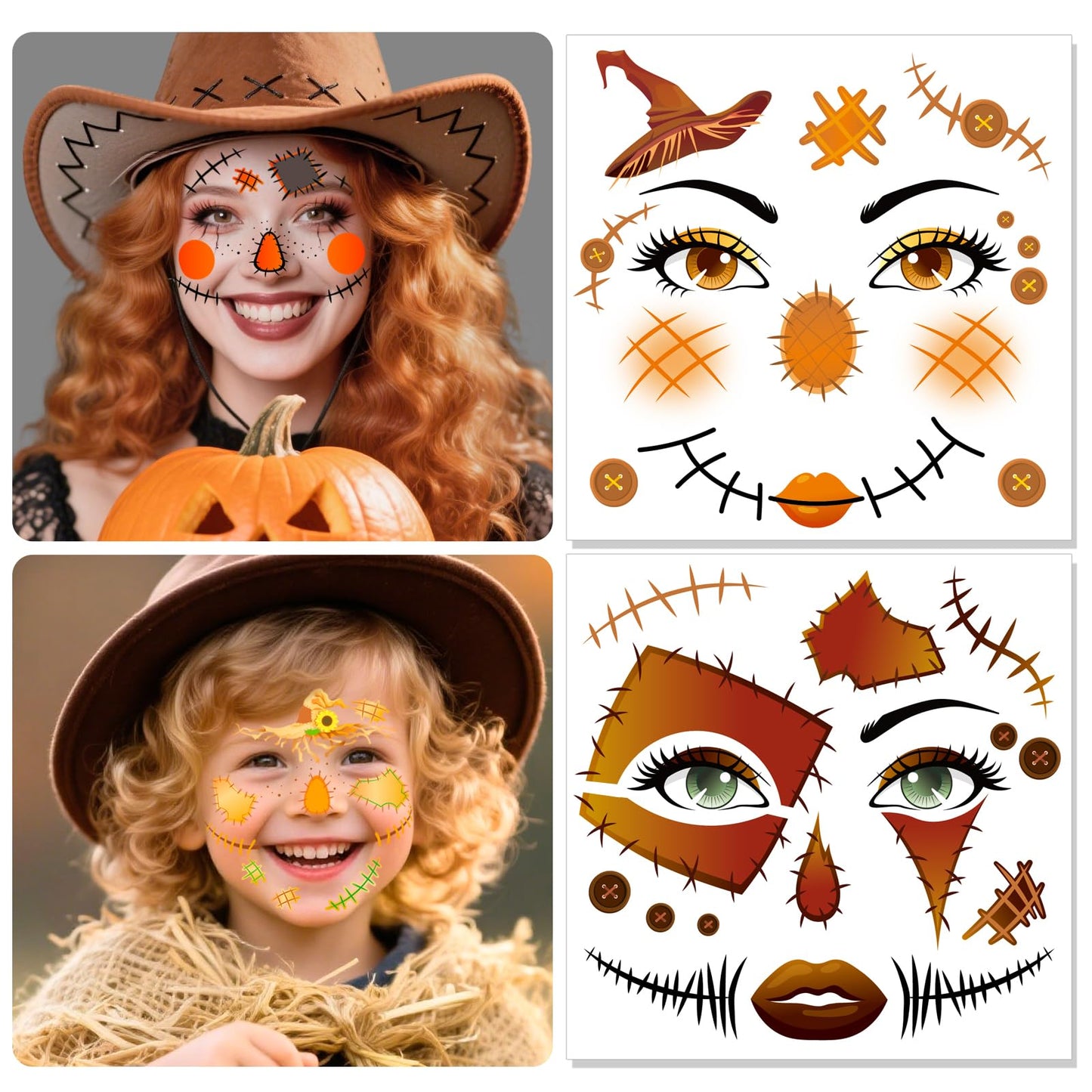 HOWAF 4 Sheets Scarecrow Face Tattoos for Halloween Scarecrow Costume, Straw Witch Sunflower Temporary Tattoos for Scarecrows Cosplay Supplies, Scarecrows Fake Tattoos Full Face Tattoo