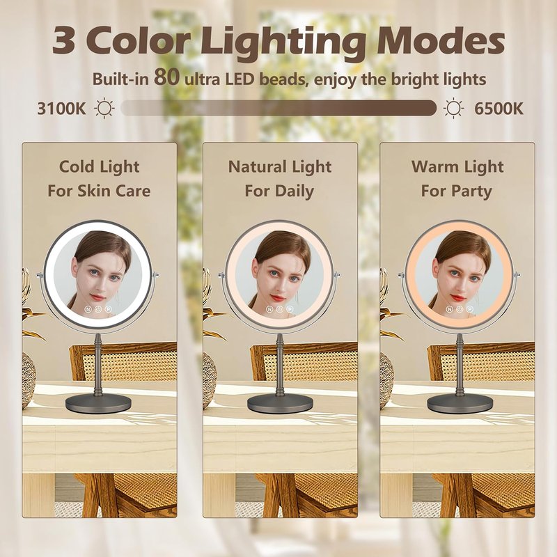 Lighted Makeup Mirror - 9" Double-Sided 1X/10X Magnification | Rechargeable with Adjustable Brightness & 80 LED Lights - Grey