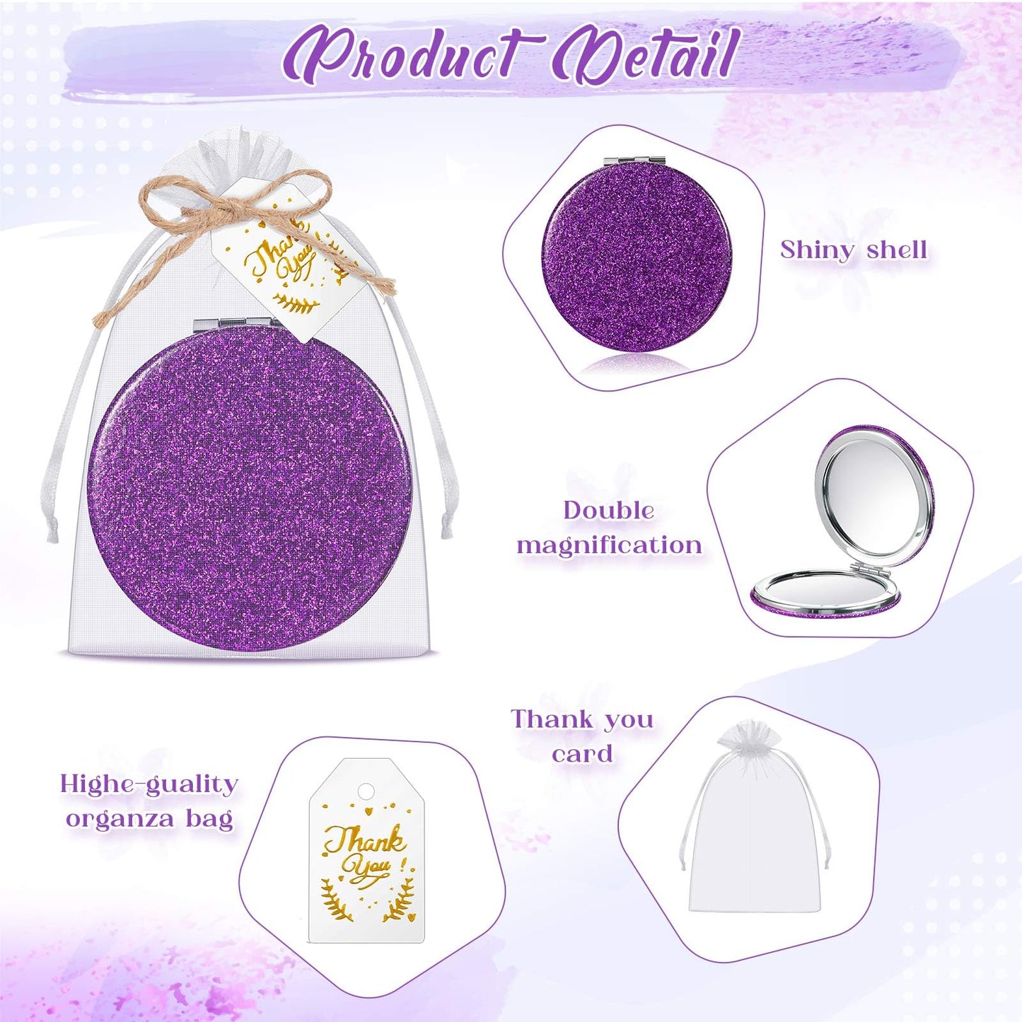 Chunful 30 Sets Compact Magnifying Mirrors Gifts with Thank You Card and Rope Quinceanera Party Favors for Guests Bridal Shower Wedding Souvenir Bridesmaids Mother's Day(Purple)