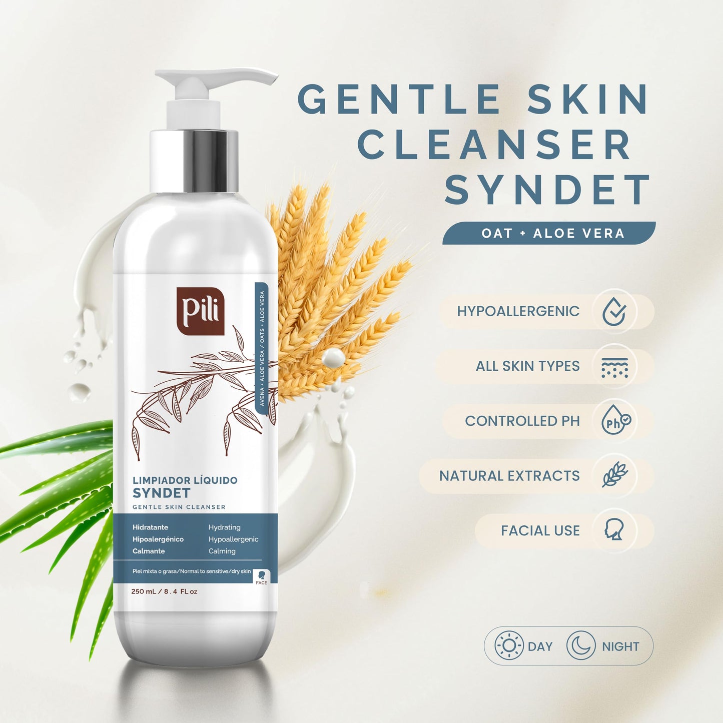 Pili Natural Syndet - Gentle Skin Cleanser with Oatmeal and Aloe Vera - Hypoallergenic cleanser for sensitive skin - 8.4 Fl.oz (Pack of 2)