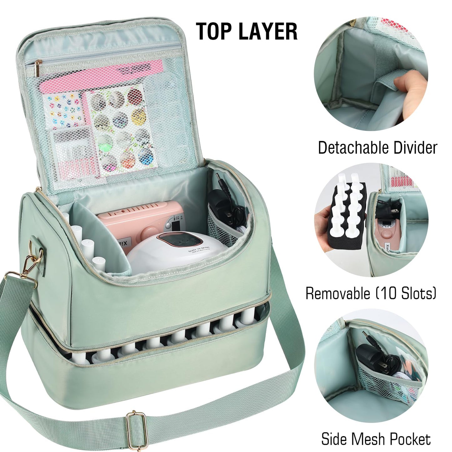 GR69N Nail Polish Organizer Case,Nail Polish Holder Holds 1 Nail Lamp & 50 Bottles,Travel Nail Tech Case,Waterproof Nail Kit Organizer Bag Fits Nail Supplies & Manicure Tools (Green)