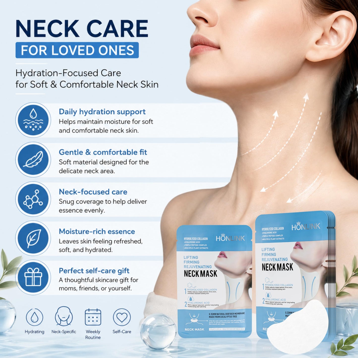 HONLINK Collagen Neck Mask, Hydrating Neck Care Masks with Hyaluronic Acid, Collagen & Peptides, Moisture Support for Soft & Smooth Looking Neck Skin, 8 Individually Packed Masks
