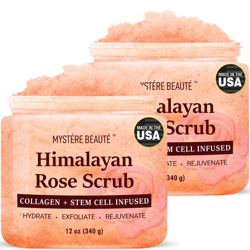 MYSTÉRE BEAUTÉ Himalayan Salt Body Scrub Twin Pack (12 oz x 2) - with Collagen, Rose Oil & Stem Cells - Exfoliating Scrub for Cellulite, Acne & Stretch Marks - Natural Skin Care Gift Set