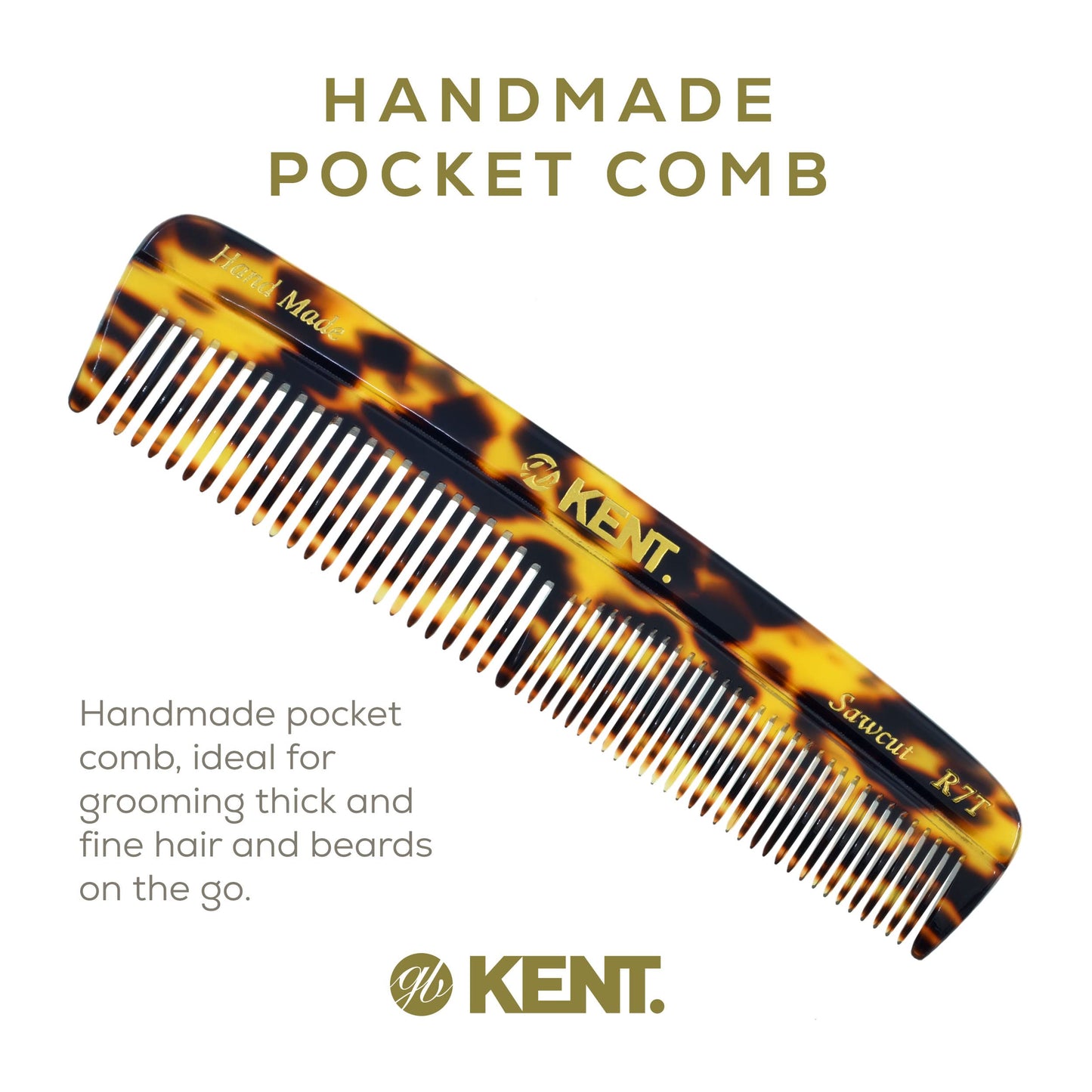 Kent R7T TY Fine and Wide Tooth Hair Comb, Handmade Pocket Comb for Mens Beard and Mustache for Everyday Grooming and Styling, Sawcut Hand polished, Made in England