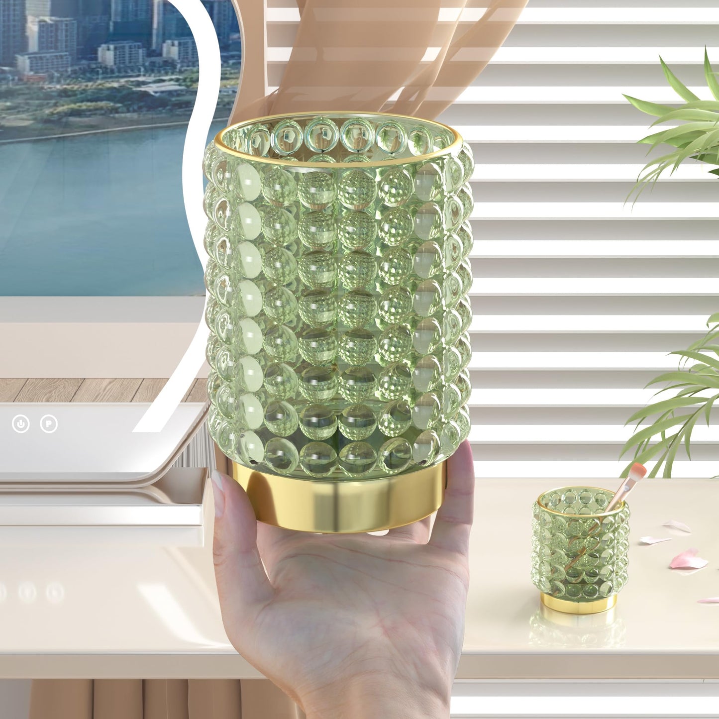 AZeeKMon Makeup Brush Holder Organizer, Clear Green Cosmetic Glass Storage Holder, Vintage Crystal Bubble Gold Make Up Brush Cup Pen Pencil Holder