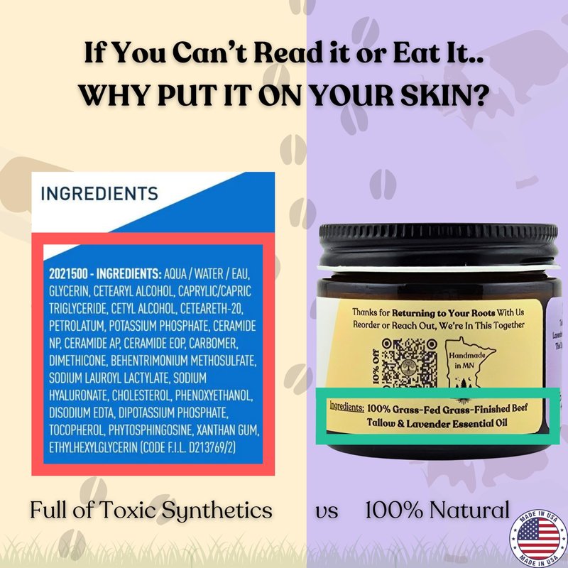 Beef Tallow for Skin | LAVENDER NAKED TALLOW BALM I 2 Ingredients - 100% Grass Fed Beef Tallow & Lavender | Whole Body & Face Whipped Tallow | Sensititve Dry Skin, Eczema, Psoriasis, Rosacea