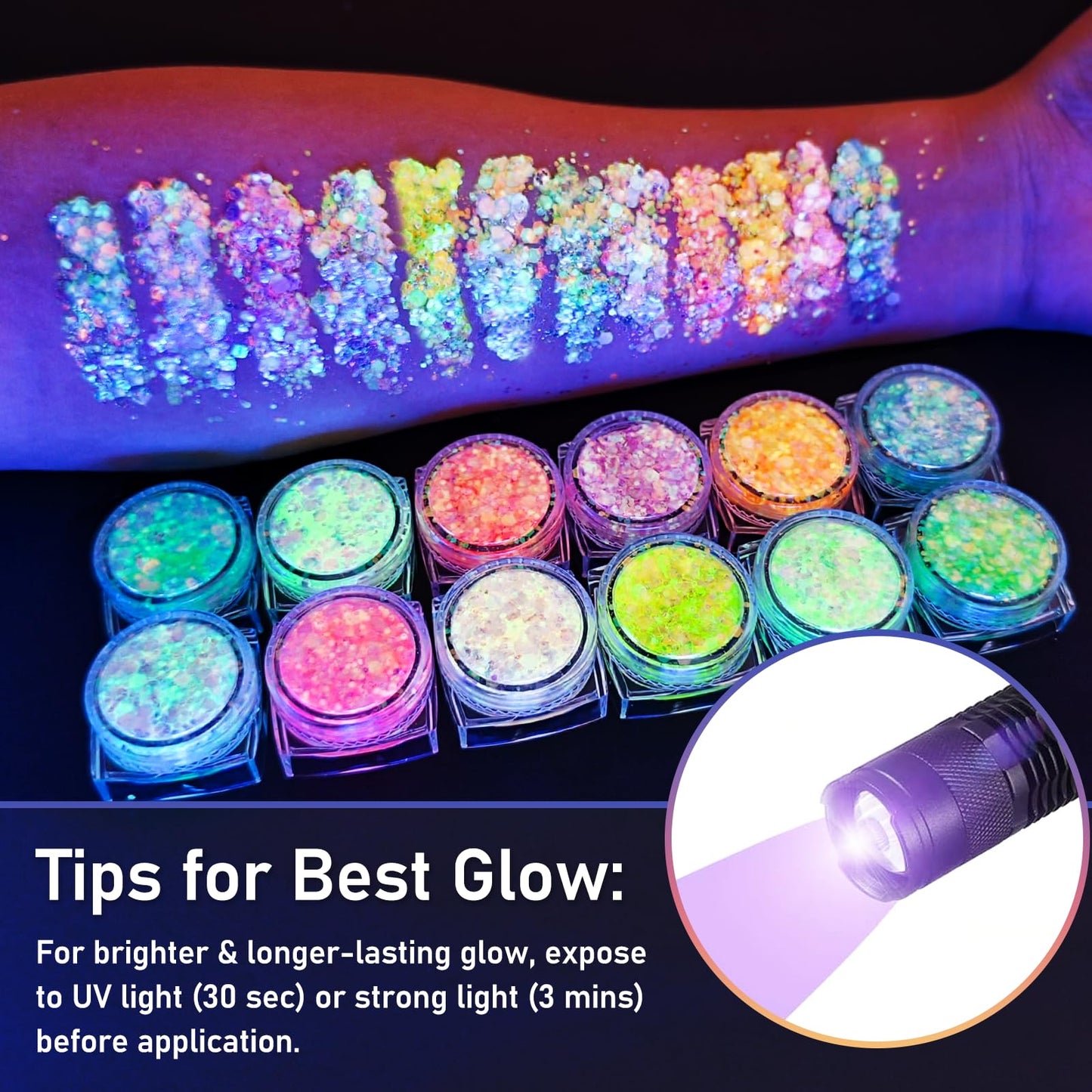 MiraWish 12 Colors Glow Body Glitter Gel, Glow in The Dark Hair Face Glitter Gel, Rave Accessories for Festivals Carnival UV Black Light Party