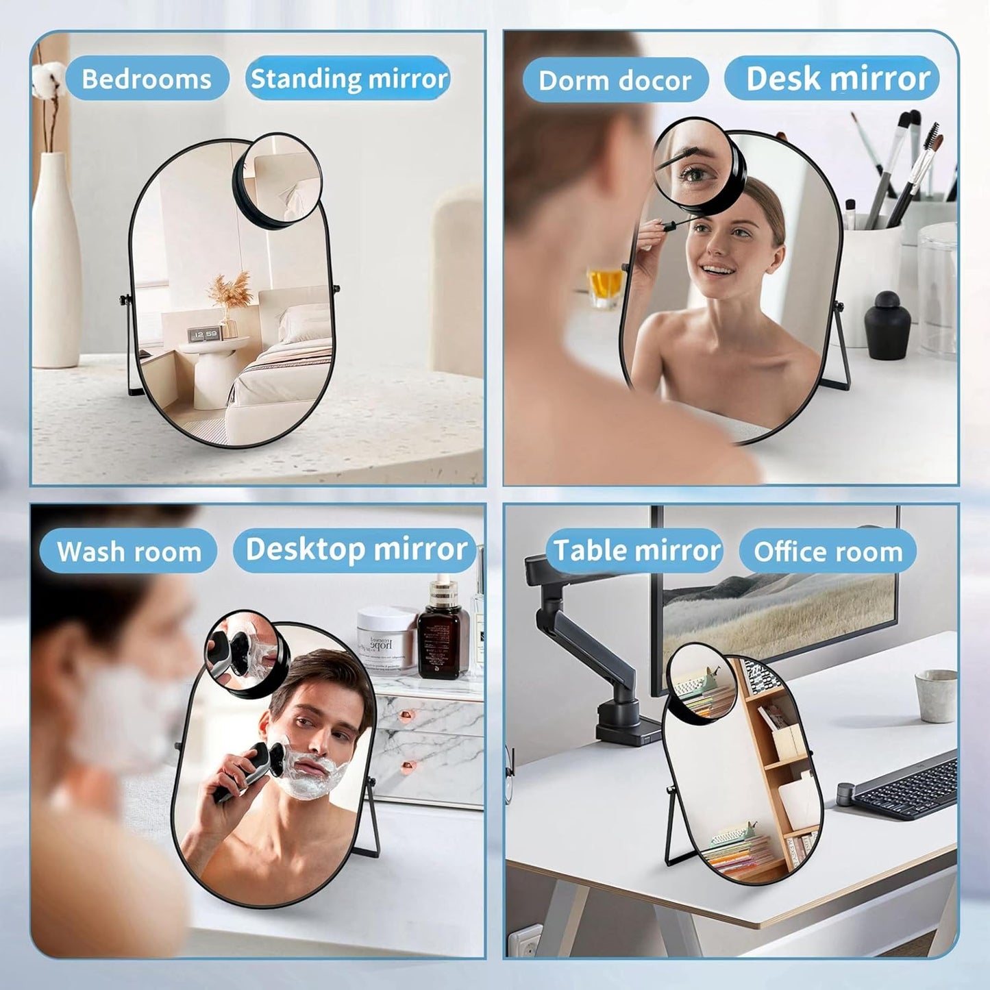 360° Adjustable Vintage Metal Framed Desk Mirror - Tabletop Vanity Mirror with 10X Magnification | Black Oval