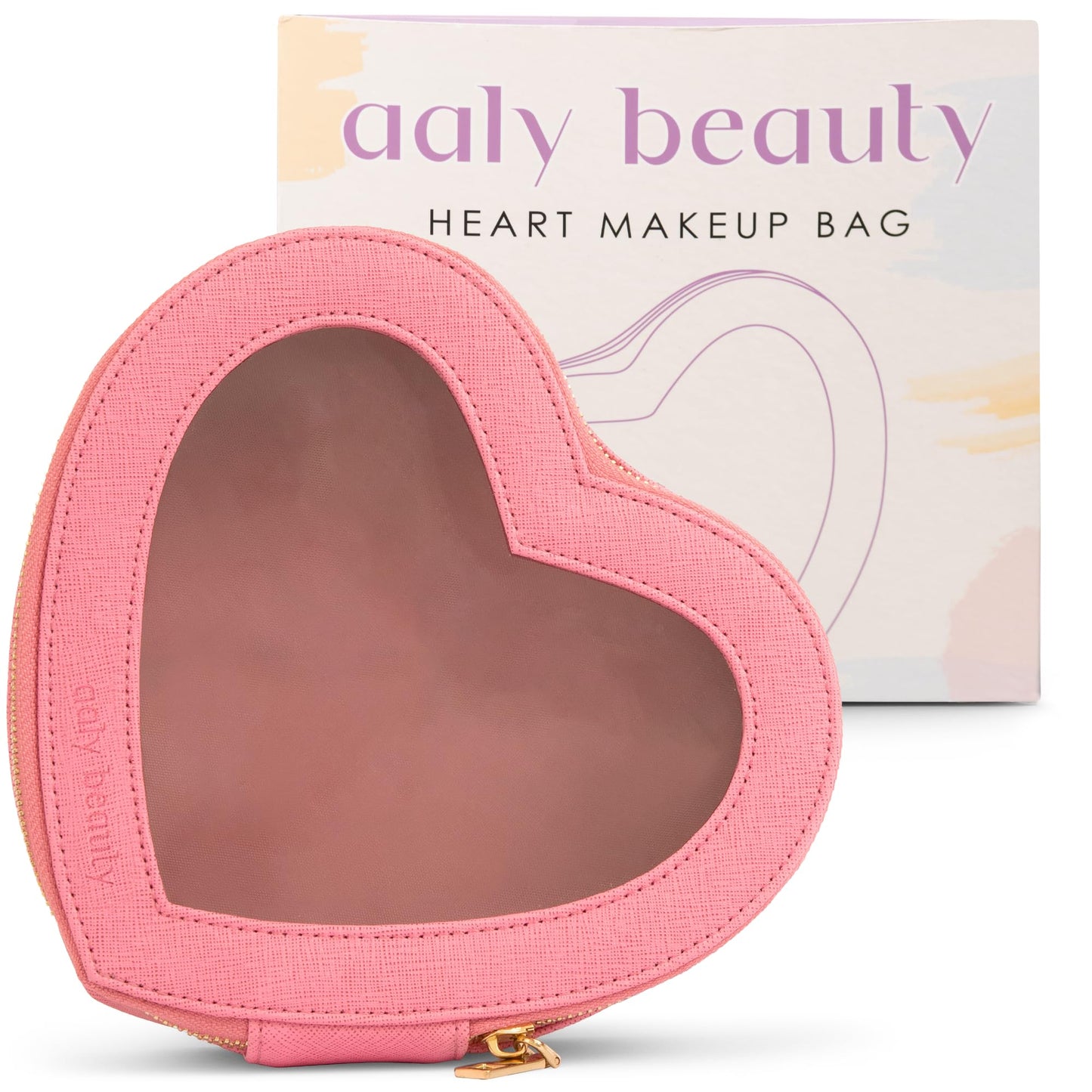 Aaly Beauty Heart Makeup Bag – Pink Heart Cosmetic Bag with Clear Cover – Gift Ideas for Women, Mom, Girlfriends, Her - Large Capacity for Full Size Makeup, Skincare and Brushes