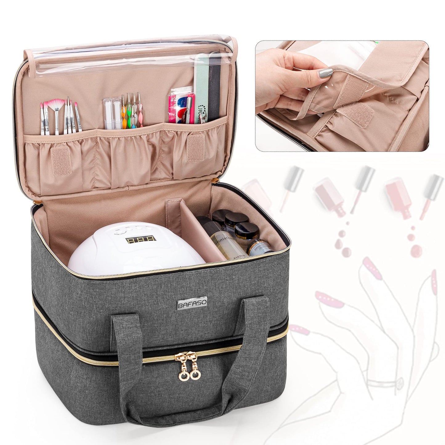 BAFASO Nail Polish Organizer Holds 40 Bottles (15ml - 0.5 fl.oz) and a Nail Lamp, Nail Polish Carrying Case with Manicure Tools Storage Sections (Bag Only), Gray