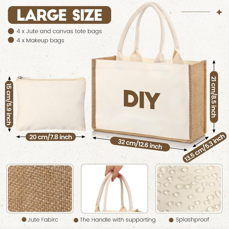 Jute Burlap Tote Bag Set - 4 Reusable Bags with Canvas Makeup Pouch | Simple Beige Gift Bags for Weddings & DIY Crafts