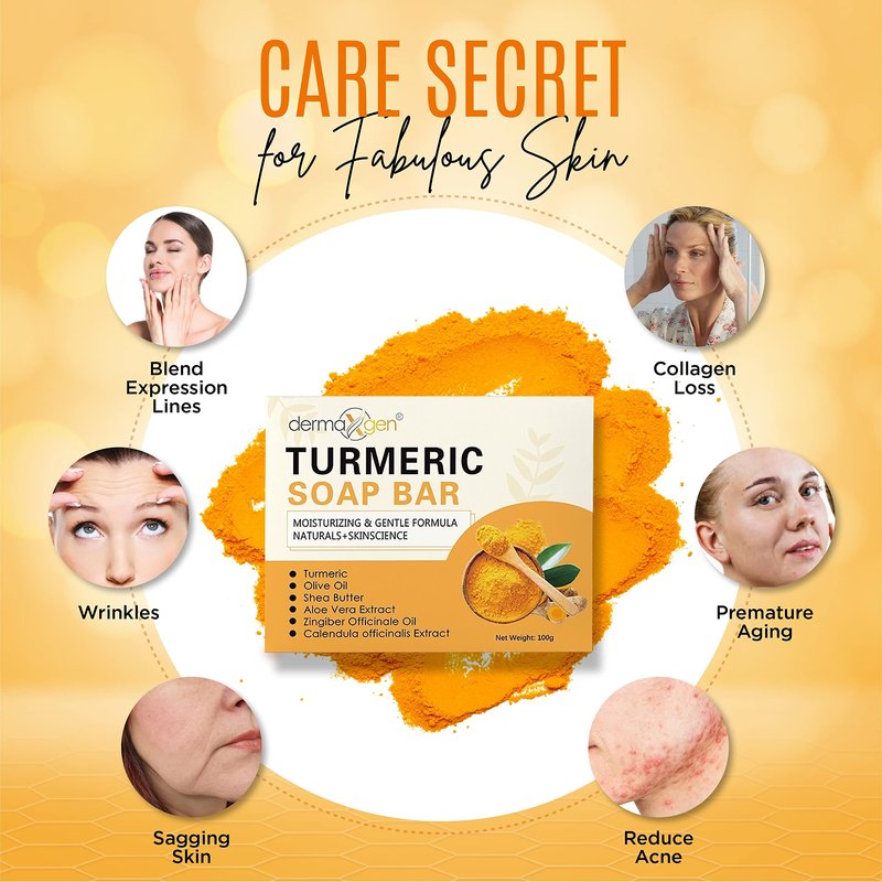 DERMAXGEN Organic Turmeric Soap Bar for Face & Body – Pure Turmeric Soap Bar for Acne, Scars, Uneven Tone, Blemish Control, Sun Damage & Age Spots – Handcrafted Skincare (Pack of 4)