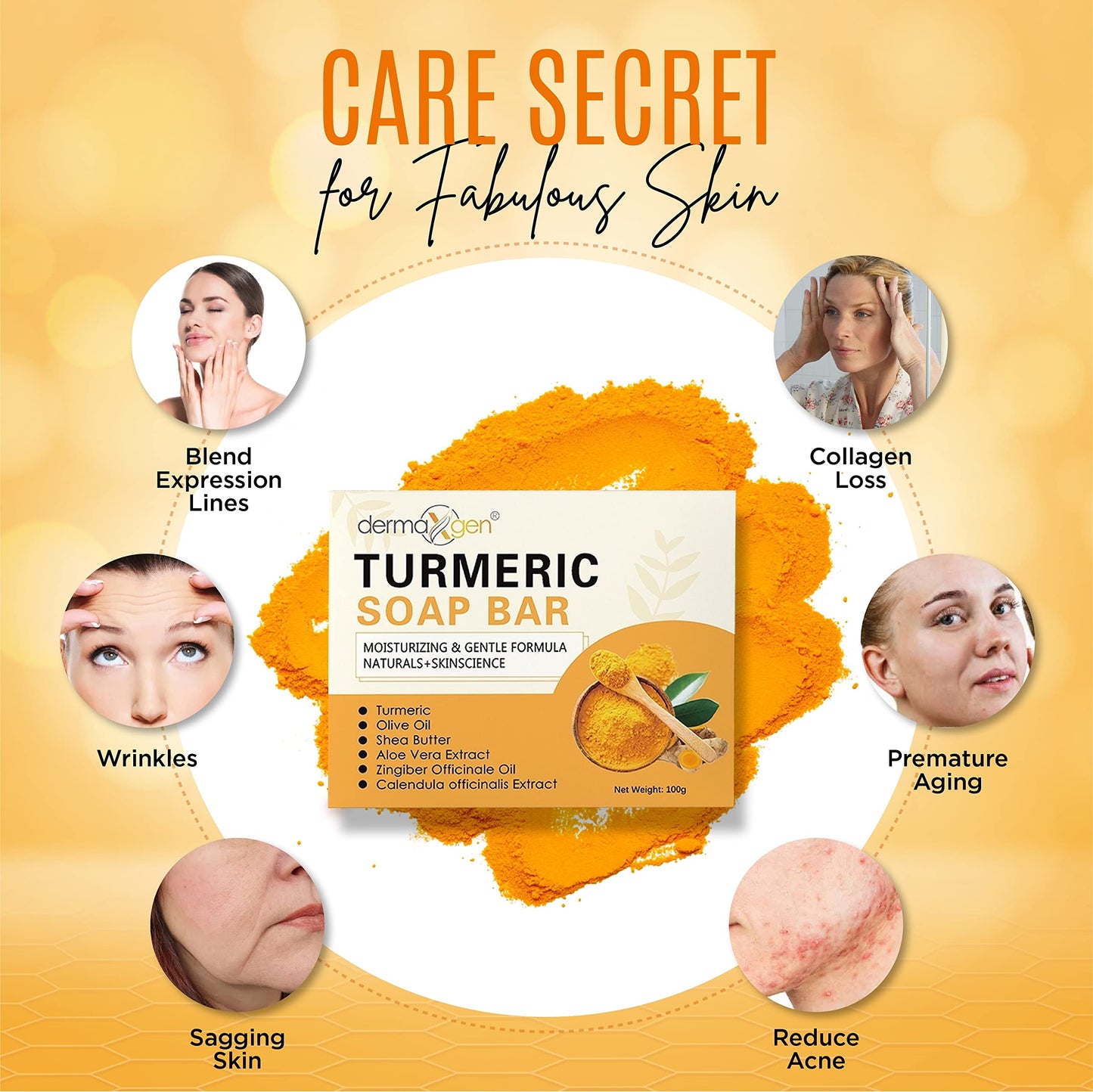 DERMAXGEN Organic Turmeric Soap Bar for Face & Body – Pure Turmeric Soap Bar for Acne, Scars, Uneven Tone, Blemish Control, Sun Damage & Age Spots – Handcrafted Skincare (Pack of 4)