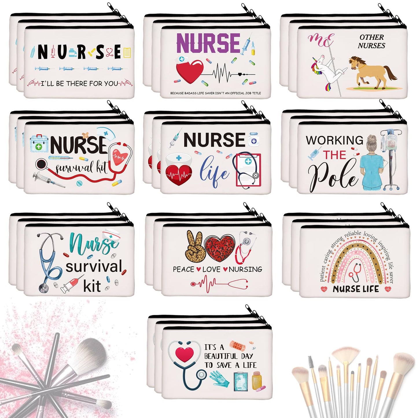 Irenare 30 Pcs Nurse Gifts for Women Nurse Survival Kit Canvas Makeup Bags Cosmetic Appreciation Peace Love Nursing Travel Toiletry Case Earpiece Toiletry Zipper Pouch Bag Thank You Gift
