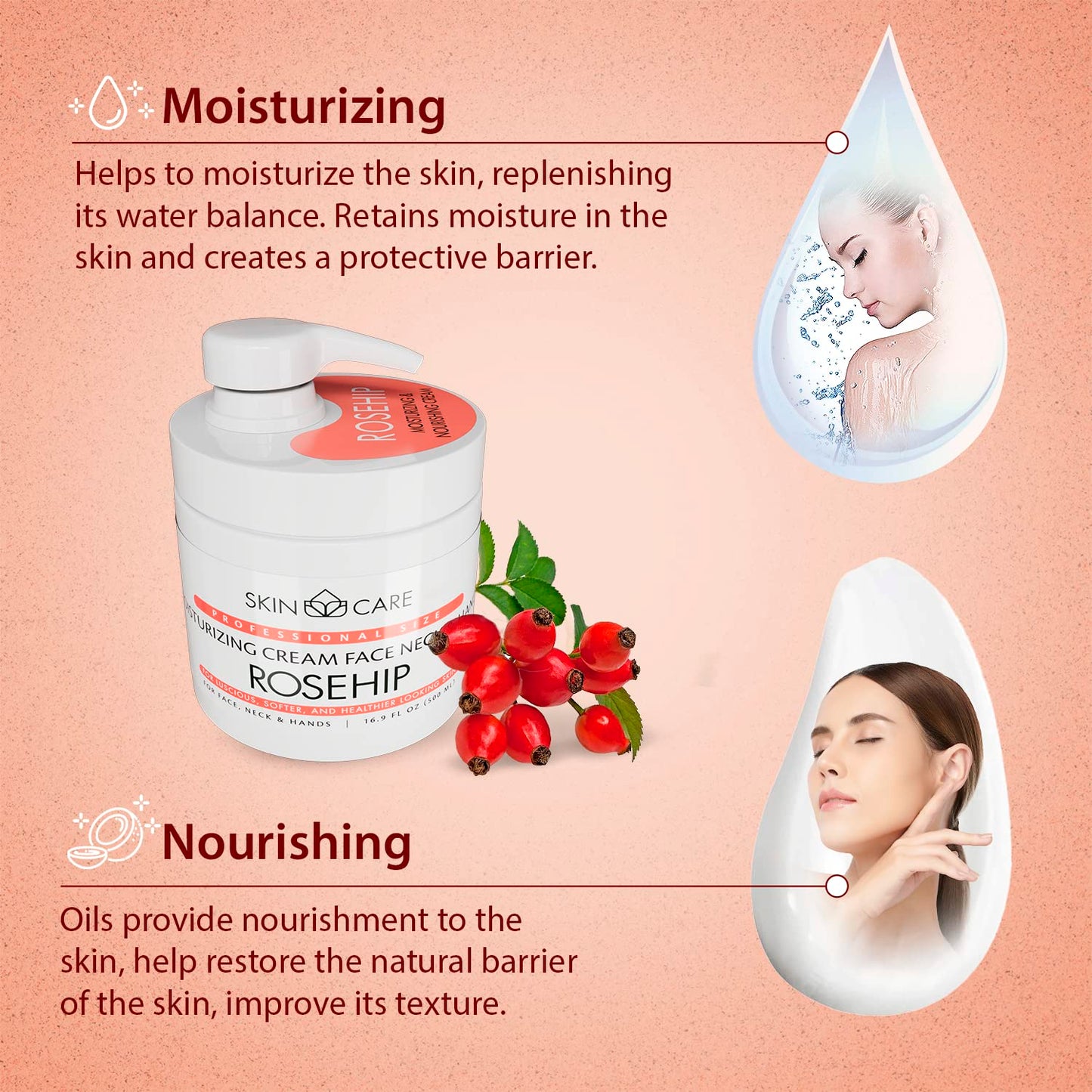 Rosehip Oil 3-in-1 Moisturizer | Face Cream for Crepey Skin, Wrinkles & Sagging - 16.9 fl. oz.