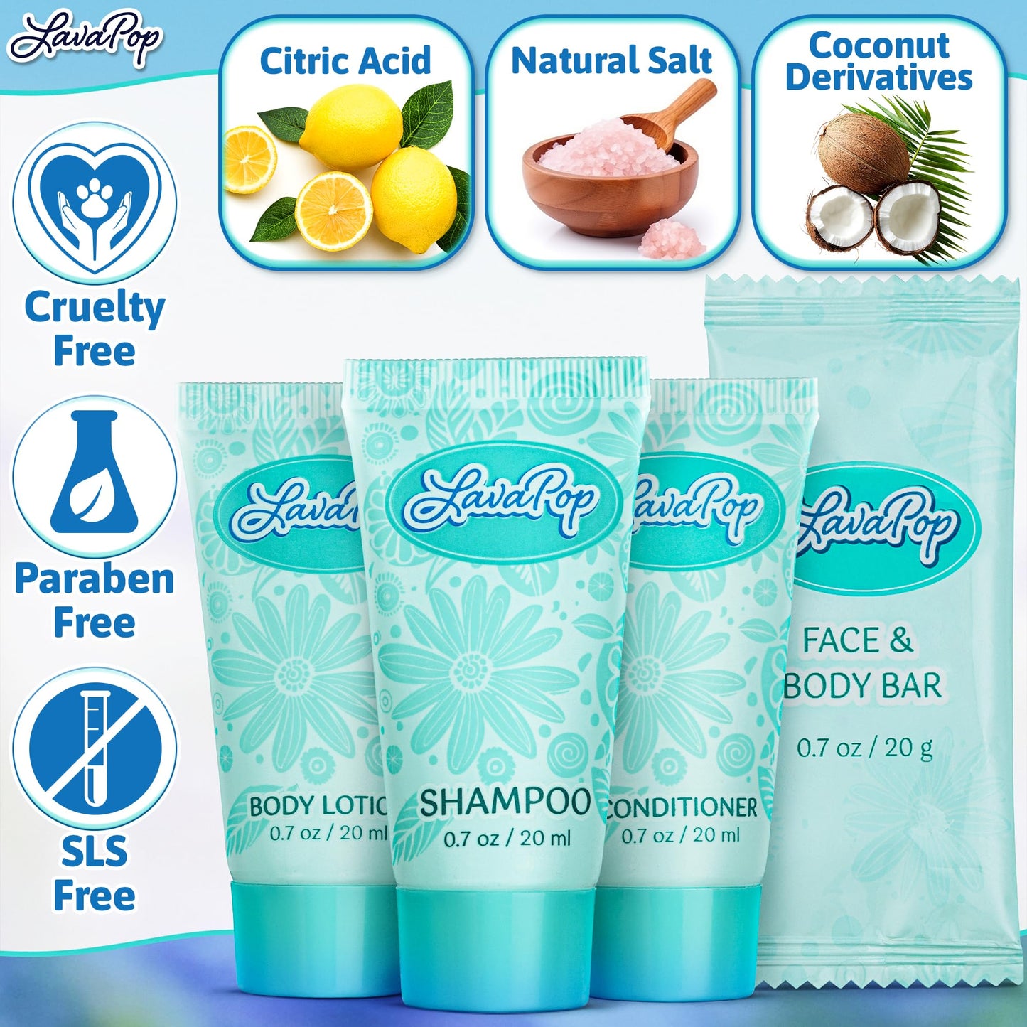 LavaPop - Travel Size Hotel Toiletries Bundle - Iris, Violet & Amber, 0.7 oz each, 200 Pcs - 4-Piece Set: 50 Rectangular Bar Soap, 50 Shampoo, 50 Conditioner & 50 Body Lotion - Bulk Small Toiletries