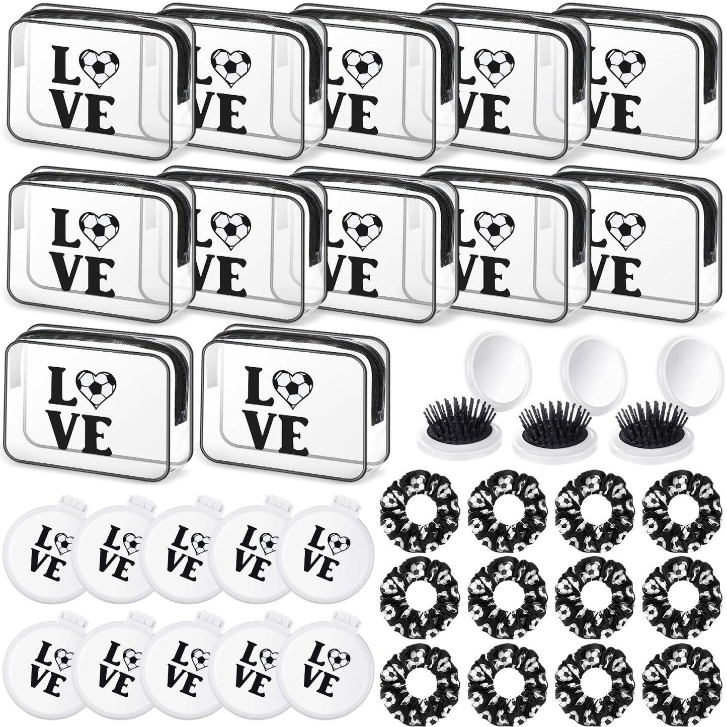 Yungyan 36 Pcs Soccer Gifts 12 Soccer Makeup Bag for Women Party Favors Team Gifts with 12 Sport Hair Scrunchies 12 Round Portable Folding Brush
