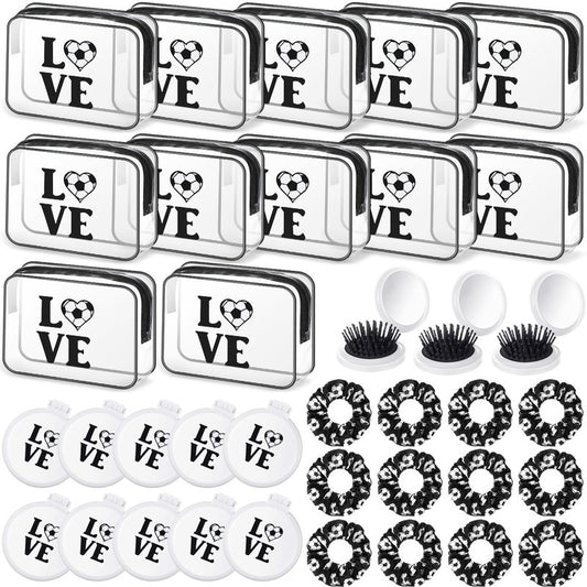 Yungyan 36 Pcs Soccer Gifts 12 Soccer Makeup Bag for Women Party Favors Team Gifts with 12 Sport Hair Scrunchies 12 Round Portable Folding Brush