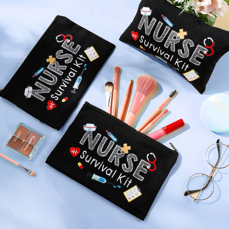 Buryeah 26 Pcs Nurse Survival Kit Cosmetic Bag Funny Gift for Nurse Practitioner Makeup Toiletry Nurse Bag Nurses Week Gifts Travel Zipper Nurse Pouch for Nurses School Birthday Teens, Black