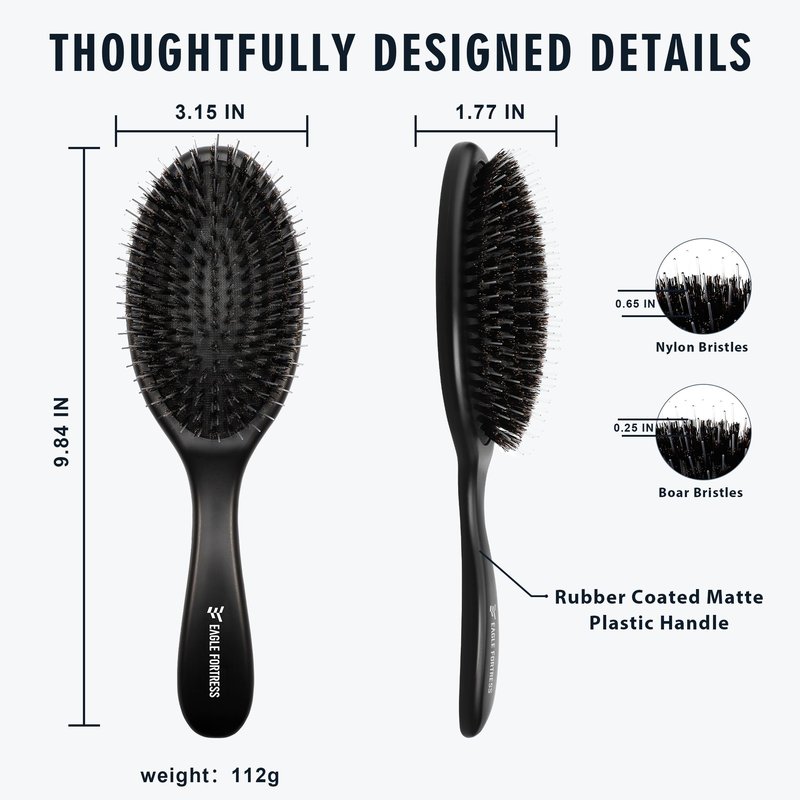 Boar Bristle Brush for Women, Men & Kids, Detangling Brush for Thick, Thinning, Dry or Wet Hair with Nylon Pins, Smooth & Shine Brush for Long Styles and Extensions – Black