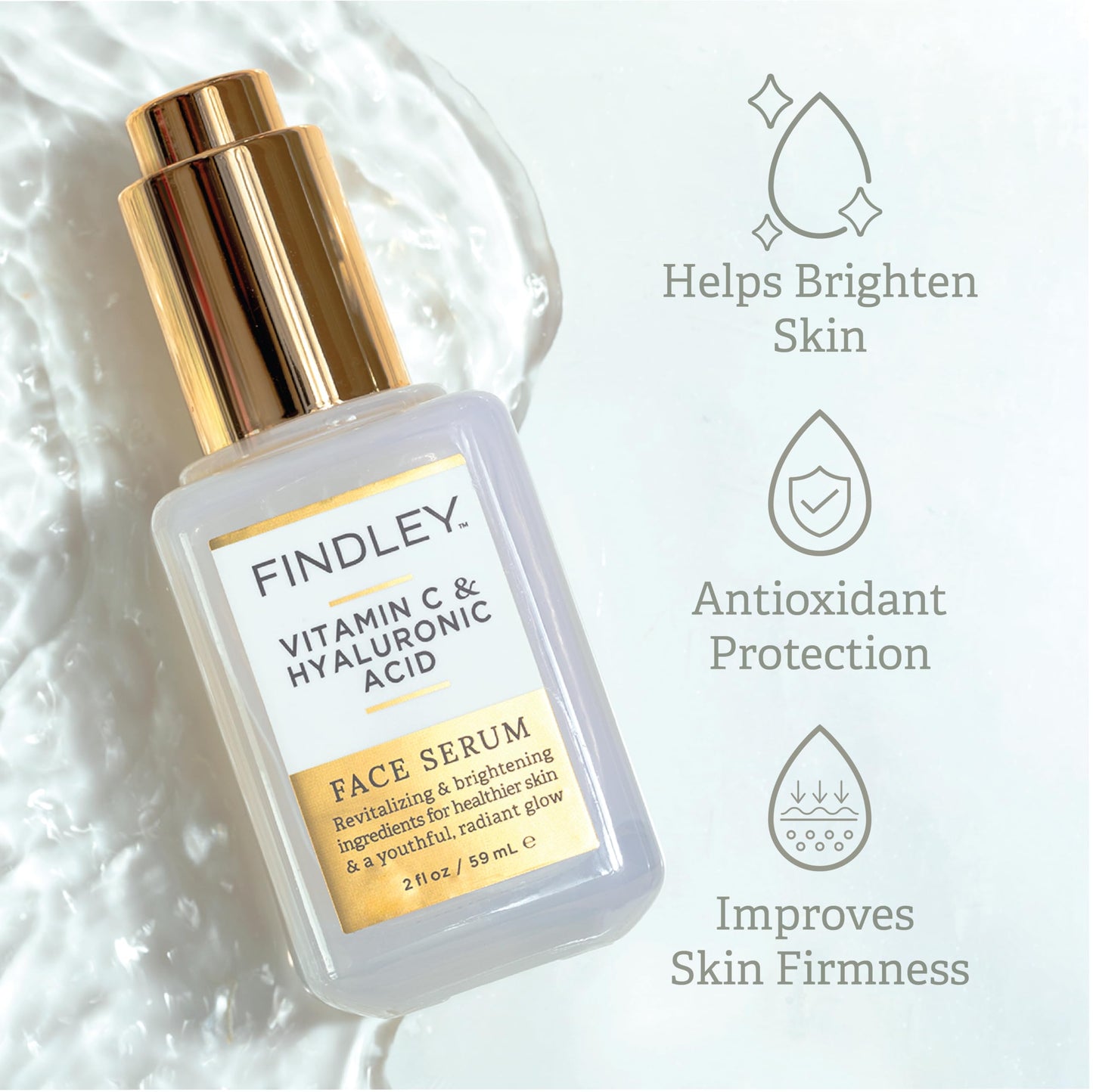 Findley Vitamin C & Hyaluronic Acid Face Serum | Revitalizing & Brightening | Healthier Skin & a Youthful, Radiant Glow (2 Fl Oz)
