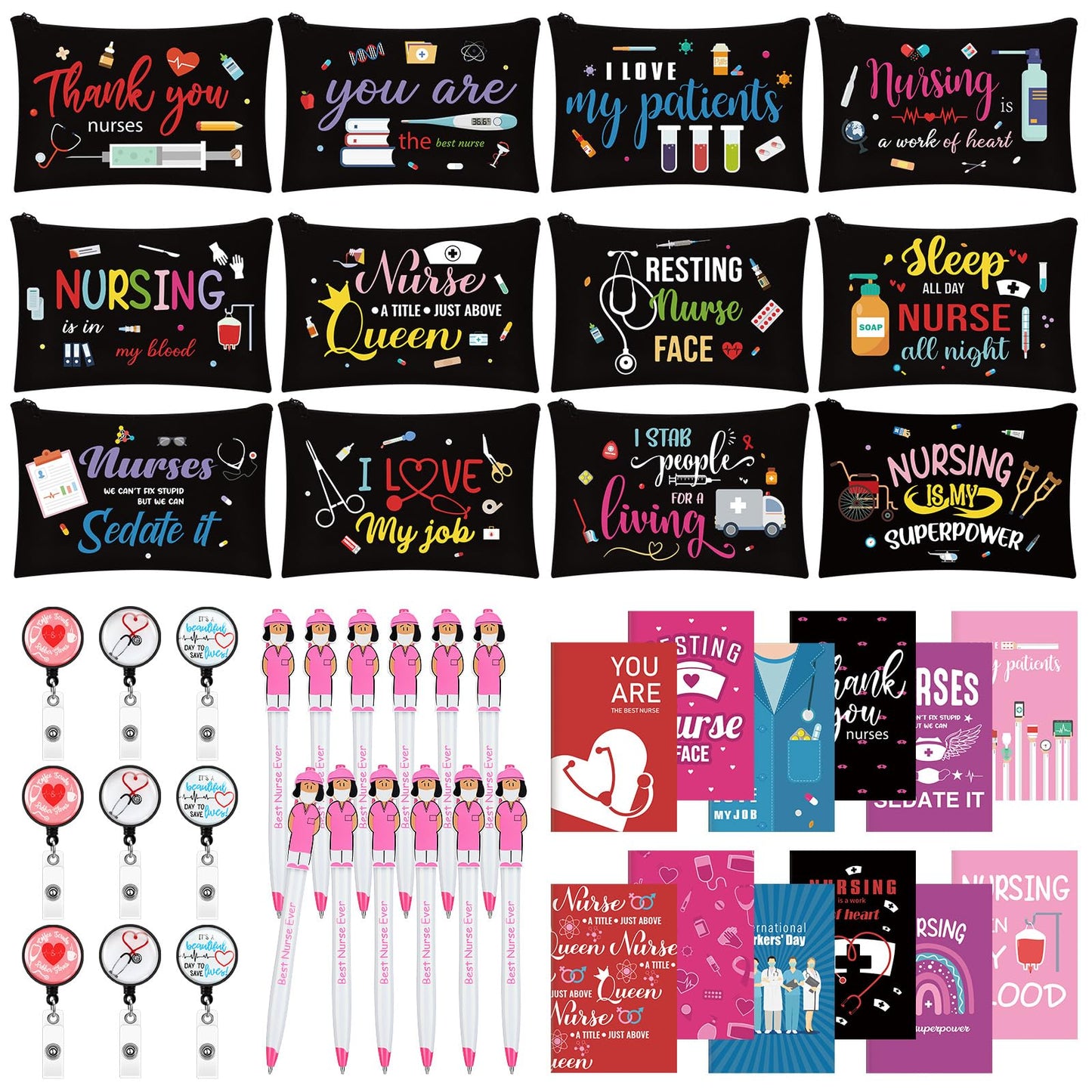 Yeaqee 48 Pcs Nurse Gifts Bulk, Include Makeup Bags Pocket Notebooks Ballpoint Pens Badge Reels, Nursing Gifts for Women RN CNA Medical Assistant Hospital Staff(Black,Nursing)