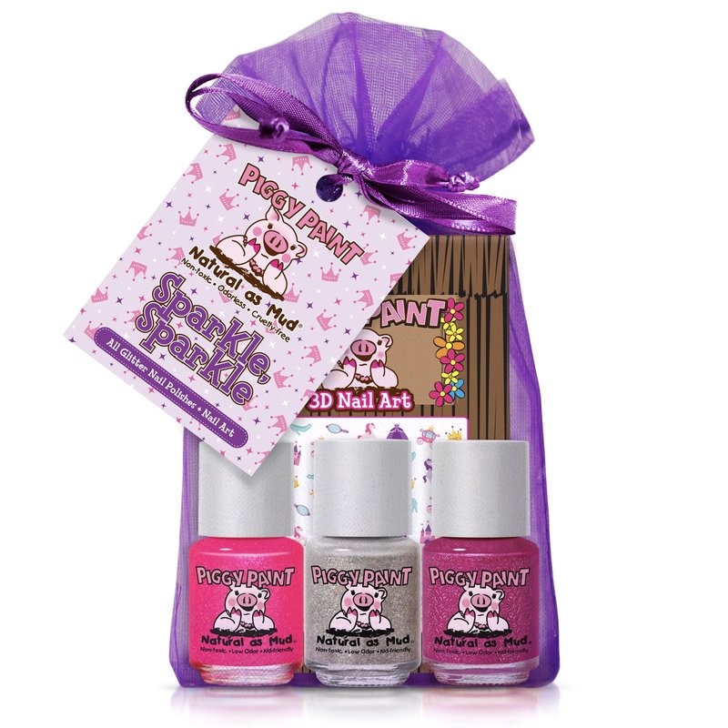 Piggy Paint Nail Polish - Non-Toxic Polish for Little Girls, Toddlers, & Kids, Water Based Formula, Safe, Cruelty Free, Vegan, & Natural, Durable Finish - Sparkle, Sparkle! (3 Color + Nail Art Set)