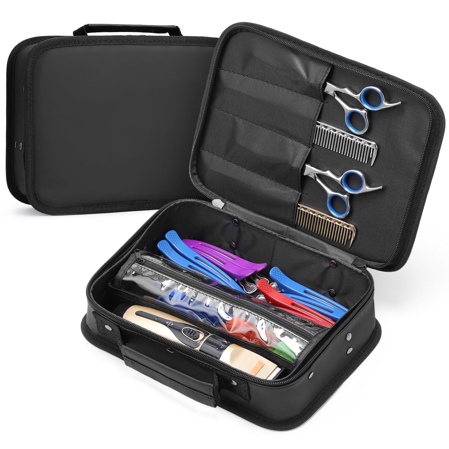 Segbeauty Barber Tool Bag, 10.8 x 14.6in PU Leather Travel Makeup Toiletry Carrying Case, Hair Styling Cutting Kit Storage Organizer for Dryer Clipper Shears Combs Cosmetics Salon Beauty Supplies