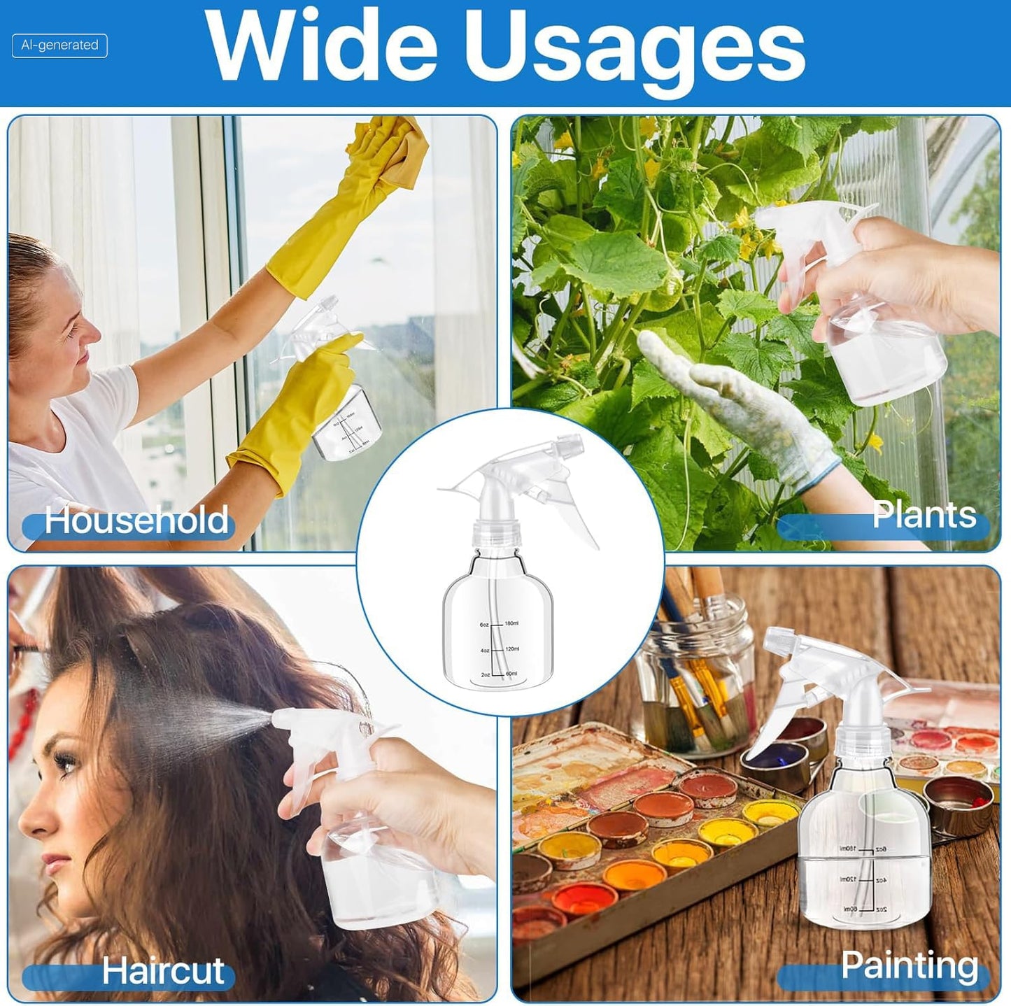 Worldity 24 Pcs Empty Plastic Spray Bottles 8 oz, Clear Mini Spray Bottles with Measurement Adjustable Nozzle, Refillable Spray Bottle for Hair Plant Kitchen Bath
