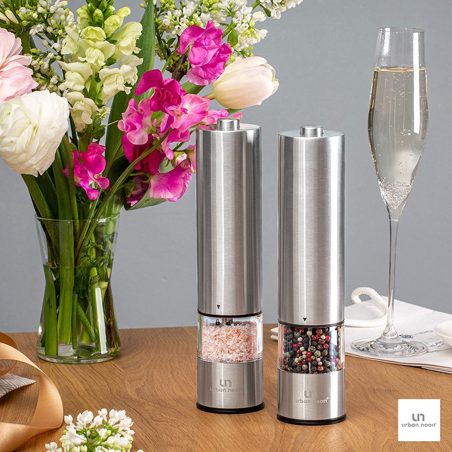Urban Noon Electric Salt and Pepper Grinder Set (2 Mills, 8.1" Tall) - One-Handed Push-Button Mills with LED Light, Adjustable Ceramic Coarseness, Gift-Ready Box, 1-Year Warranty - Stainless Steel