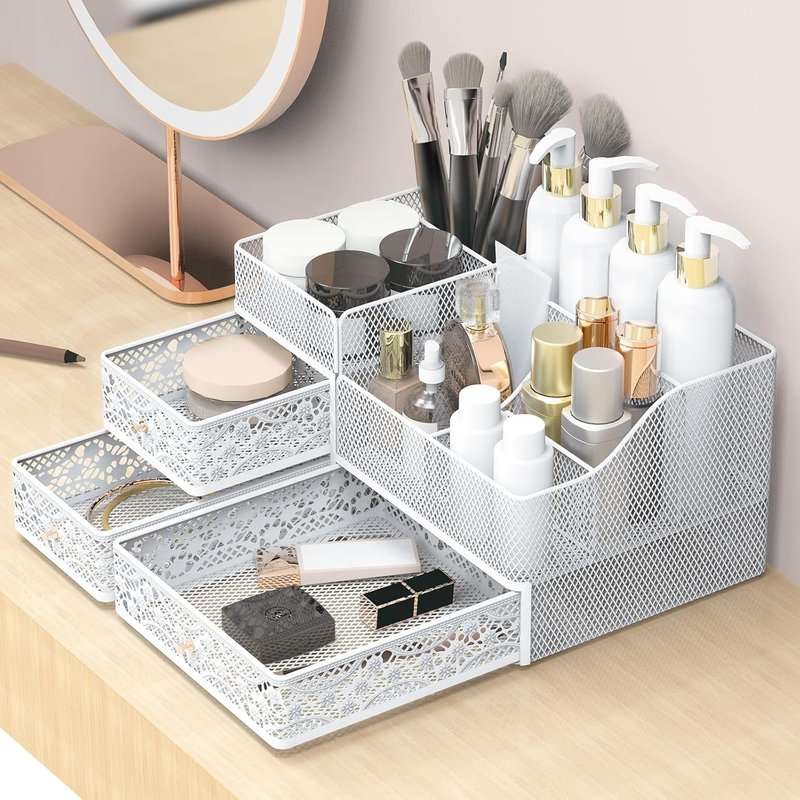 Lamesa Makeup Organizer - Large Metal Vanity Storage for Cosmetics & Skincare | White