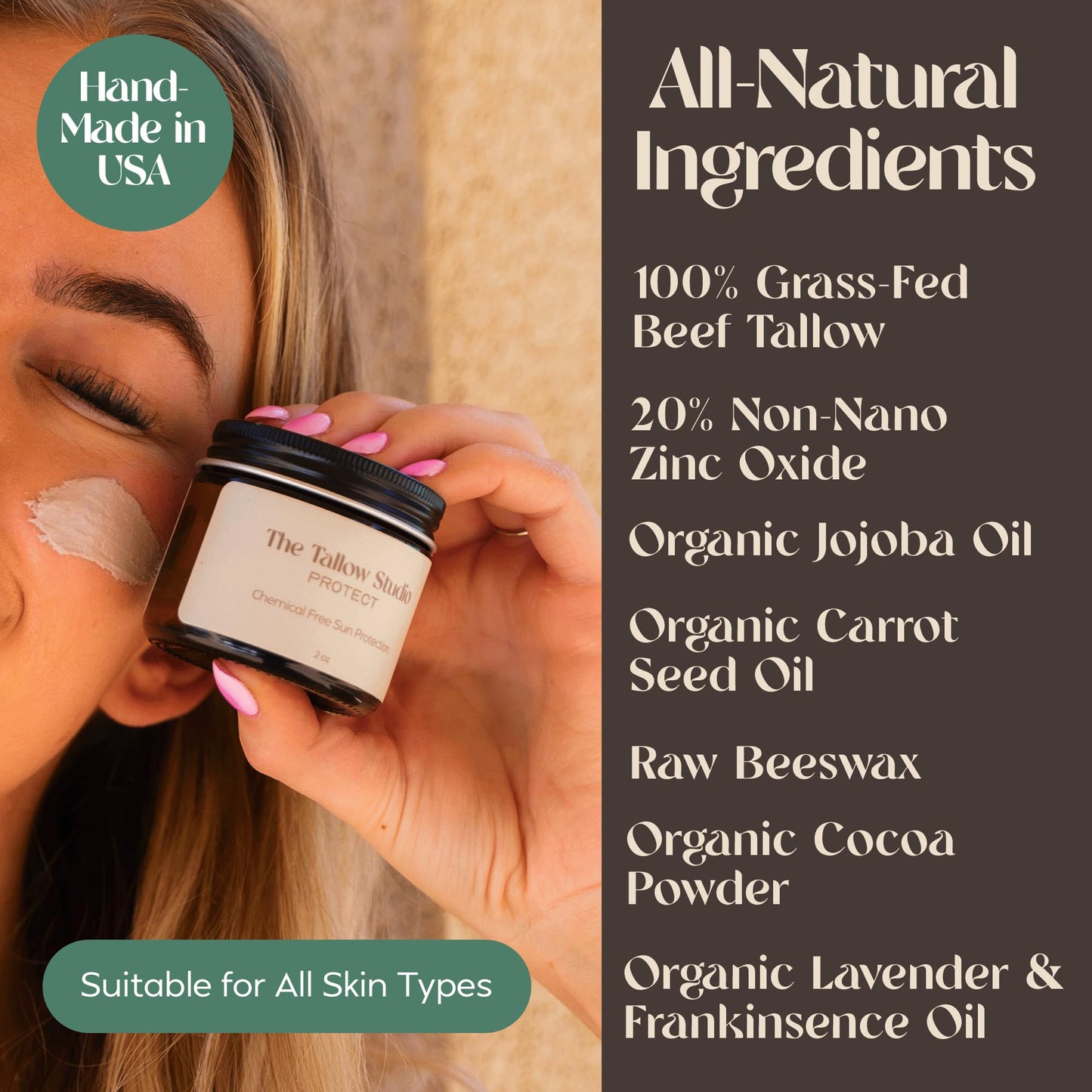 Mineral Sunscreen for Sensitive Skin | Organic Lavender Scent – SPF 30 | Chemical-Free Sun Protection with Grass-Fed Tallow + Non-Nano Zinc Oxide | Non-Greasy, Natural SPF Balm for Face & Body (2oz)
