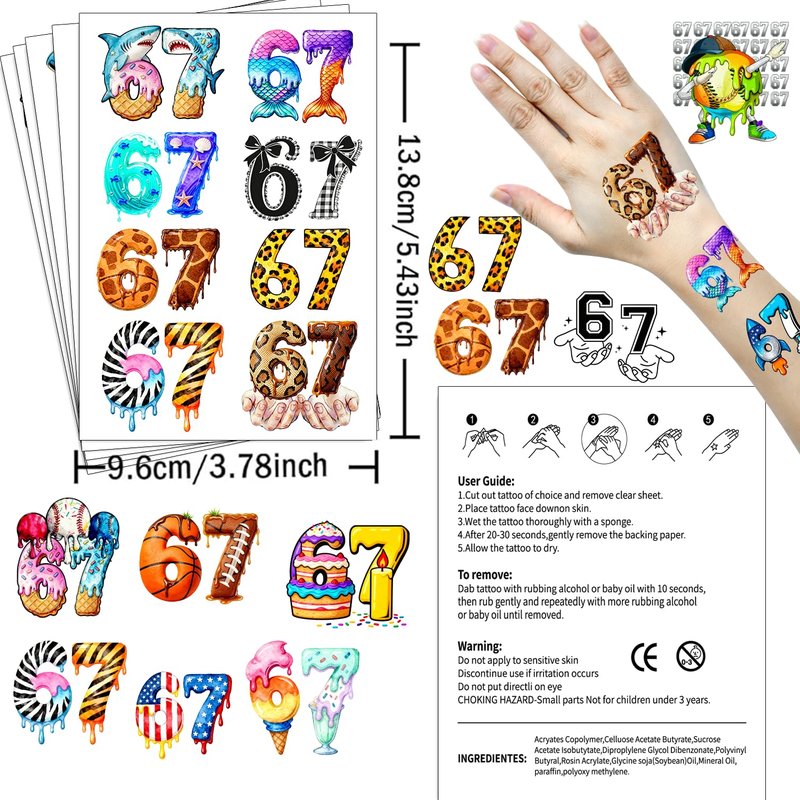 114 Pieces Funny Six Seven 67 Temporary Tattoos Stickers,15 Sheets Six Seven 6 7 Themed Tattoos Stickers Party Decoration Supplies for Adults