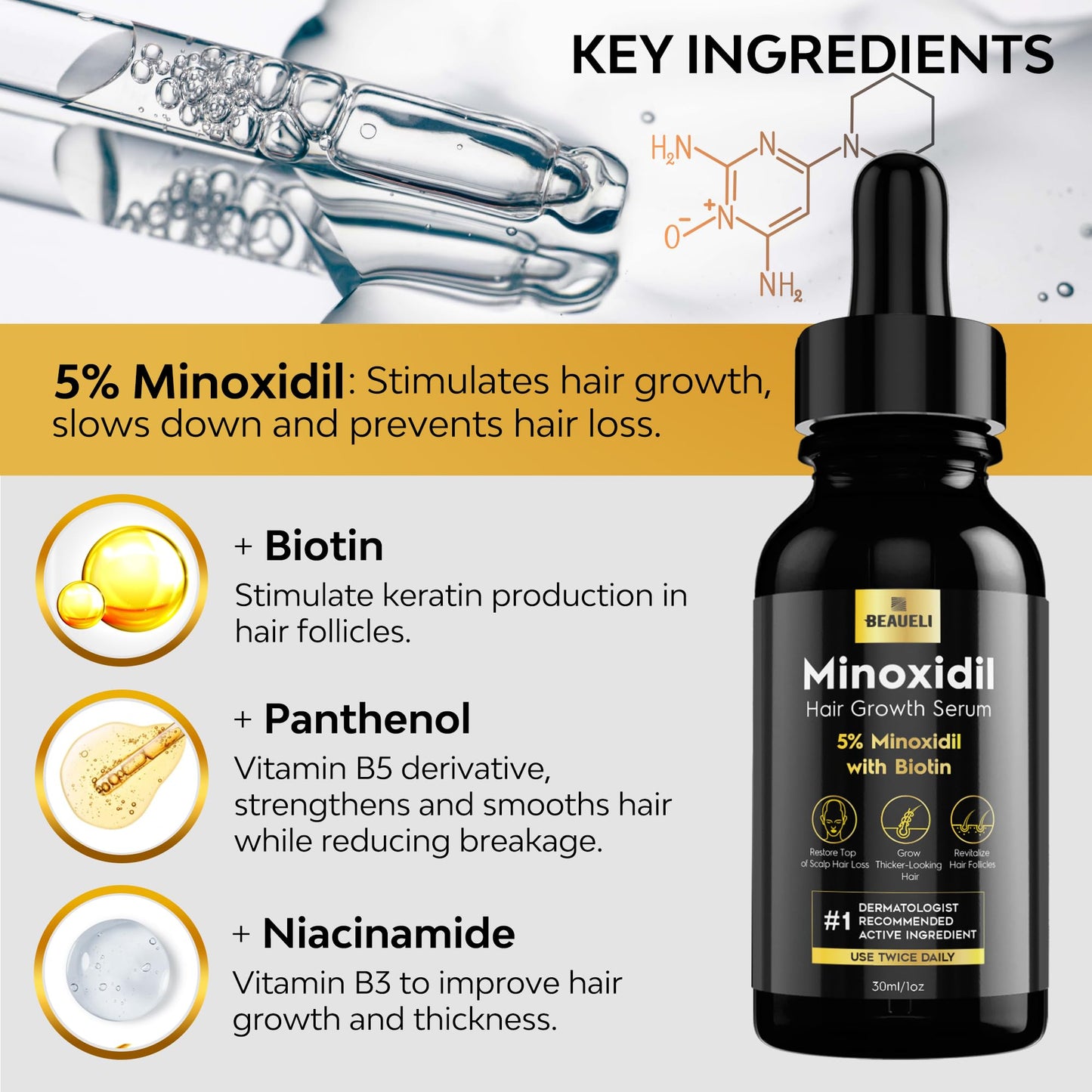 Beaueli 5% Minoxidil for Men and Women, Hair Growth, Beard Growth, Hair Regrowth, Unscented Drop, 3 Fl Oz, 3 Bottles