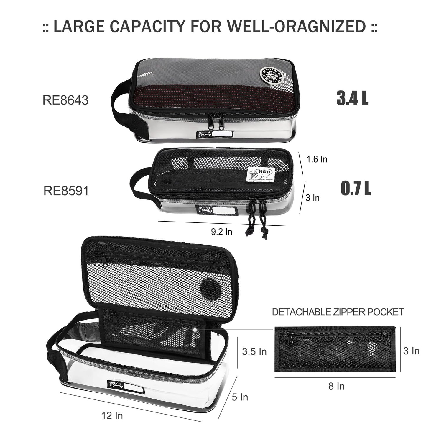 Rough Enough Clear Toiletry Bag for Traveling Men Shaving Kit Medicine Case Pouch Organizer Large for Toiletries Accessories
